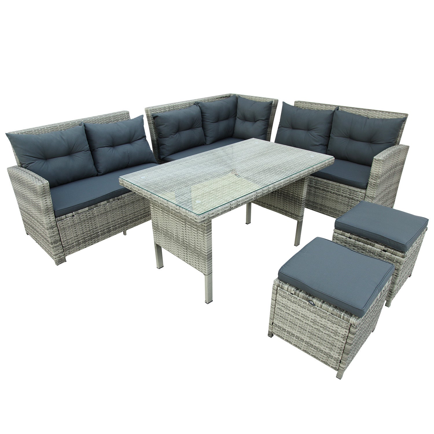 6-Piece Patio Furniture Set Outdoor Sectional Sofa with Glass Table, Ottomans for Pool, Backyard, Lawn - Gray