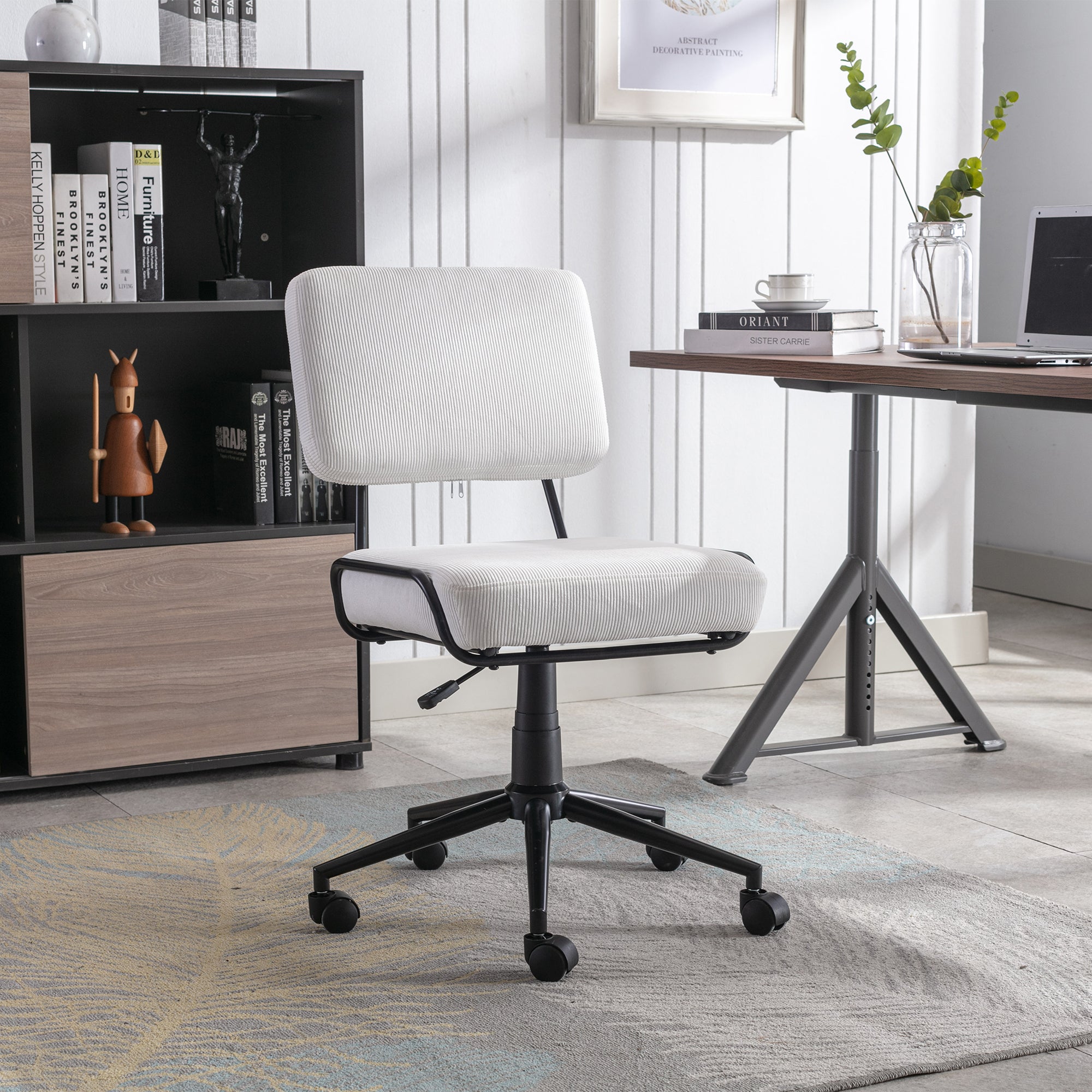 Corduroy Desk Swivel Rolling Chair with Wheels - White
