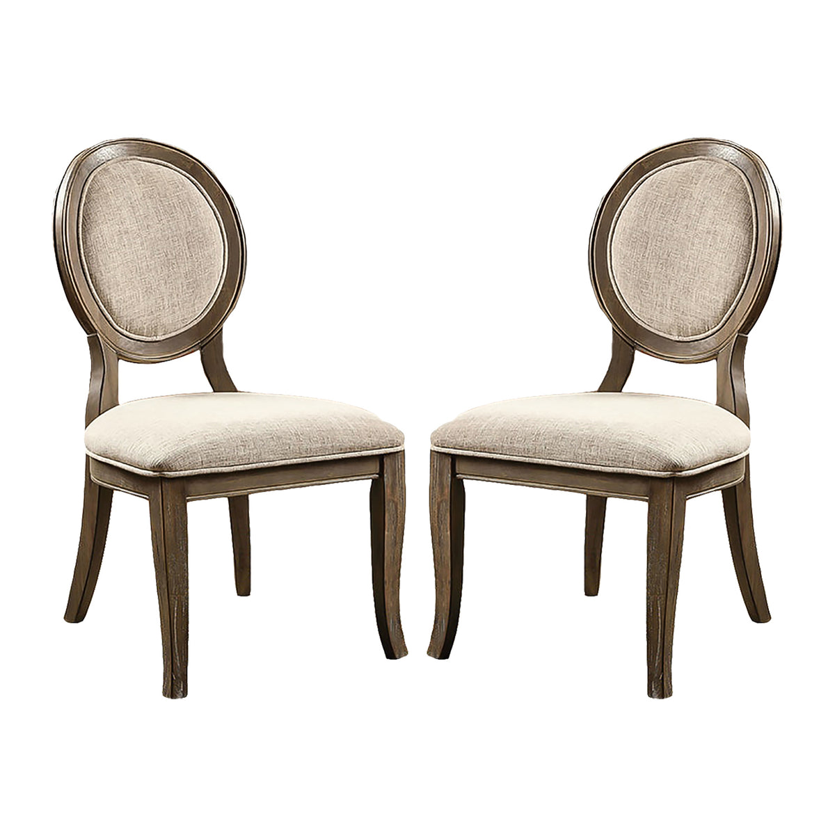 Set of 2 Padded Beige Fabric Dining Chairs in Rustic Oak Finish