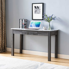 Home Office Desk Faux Marble White & Distressed Grey