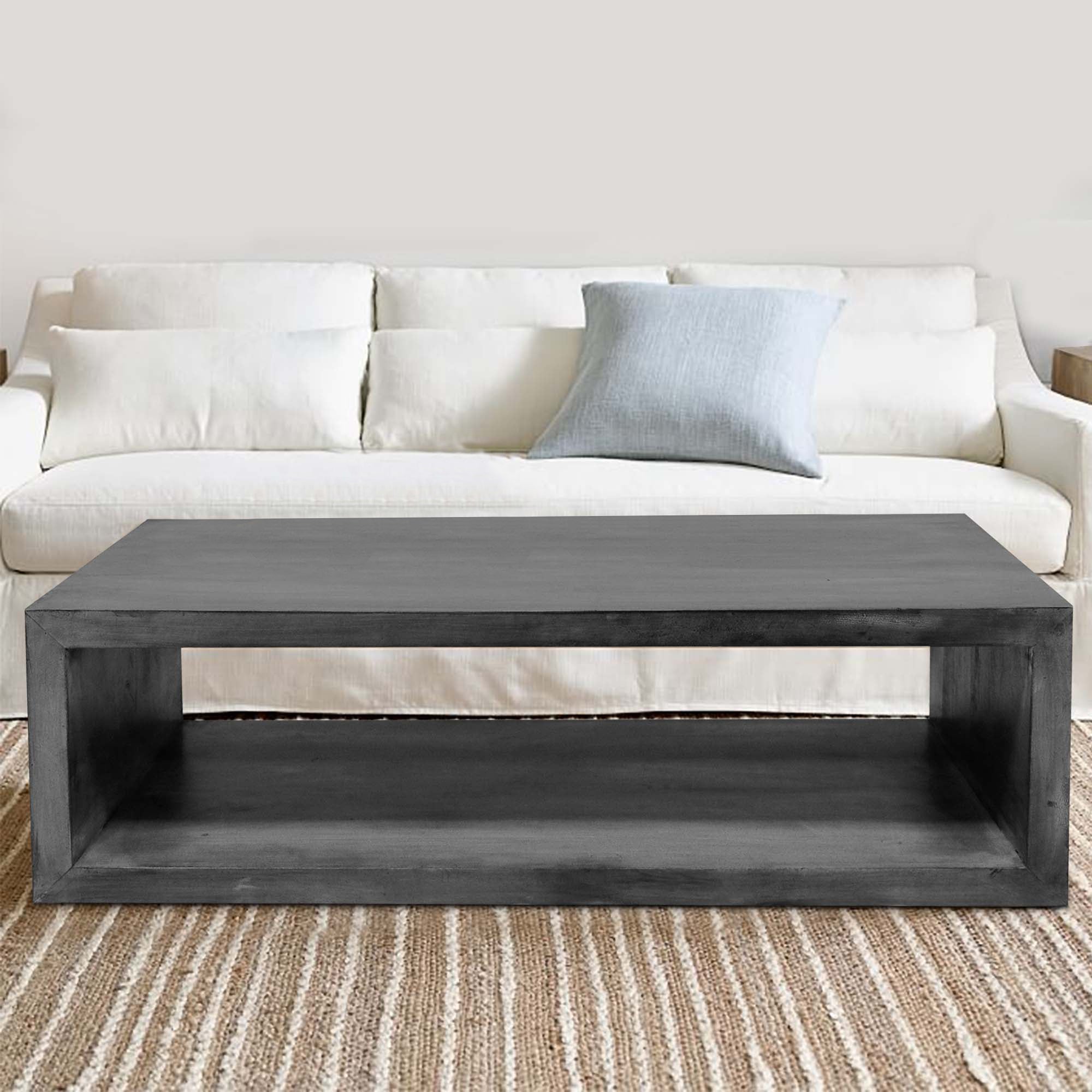 58" Cube Shape Wooden Coffee Table with Open Bottom Shelf - Charcoal Gray