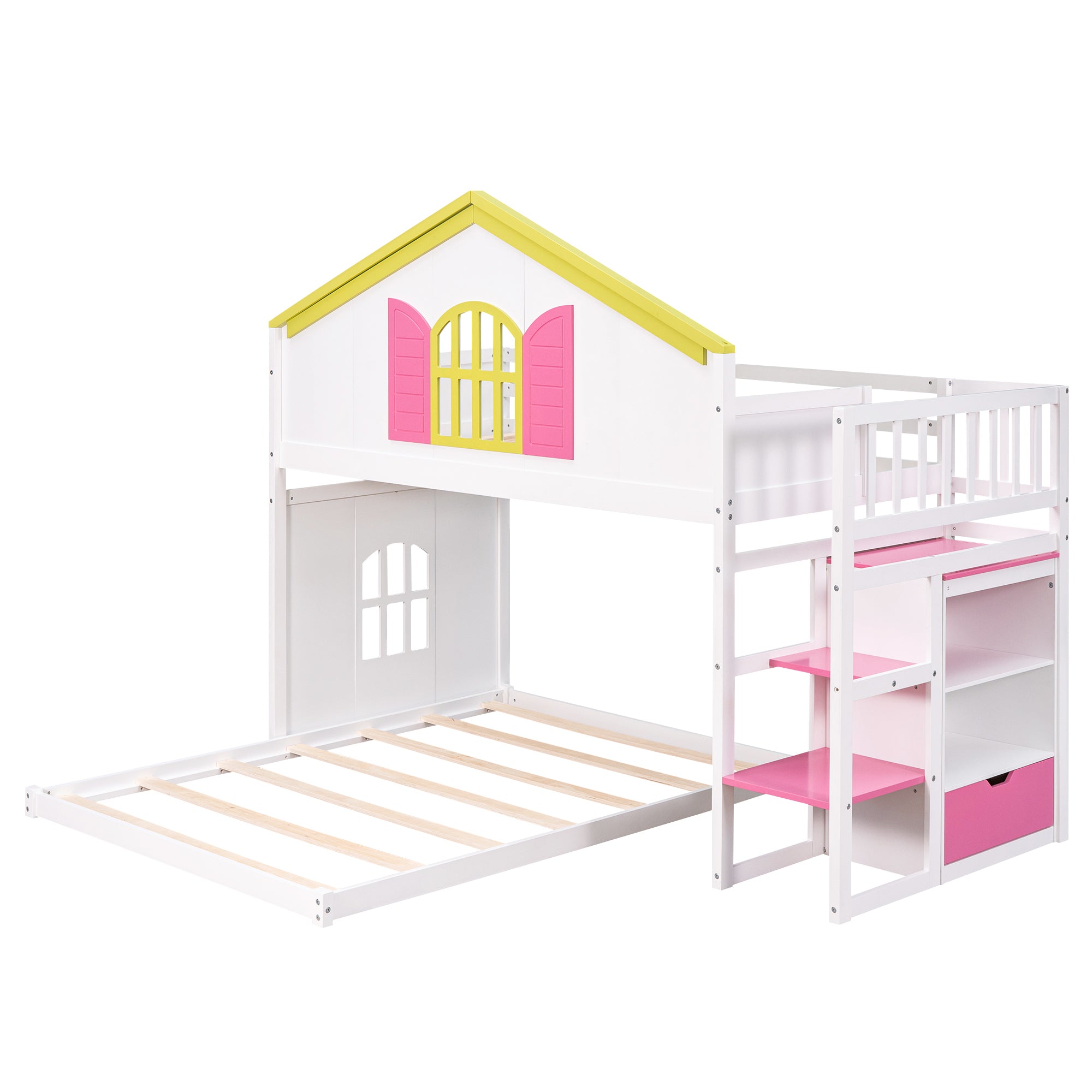 Twin over Full House Bunk Bed with Pink Staircase & Drawer - White
