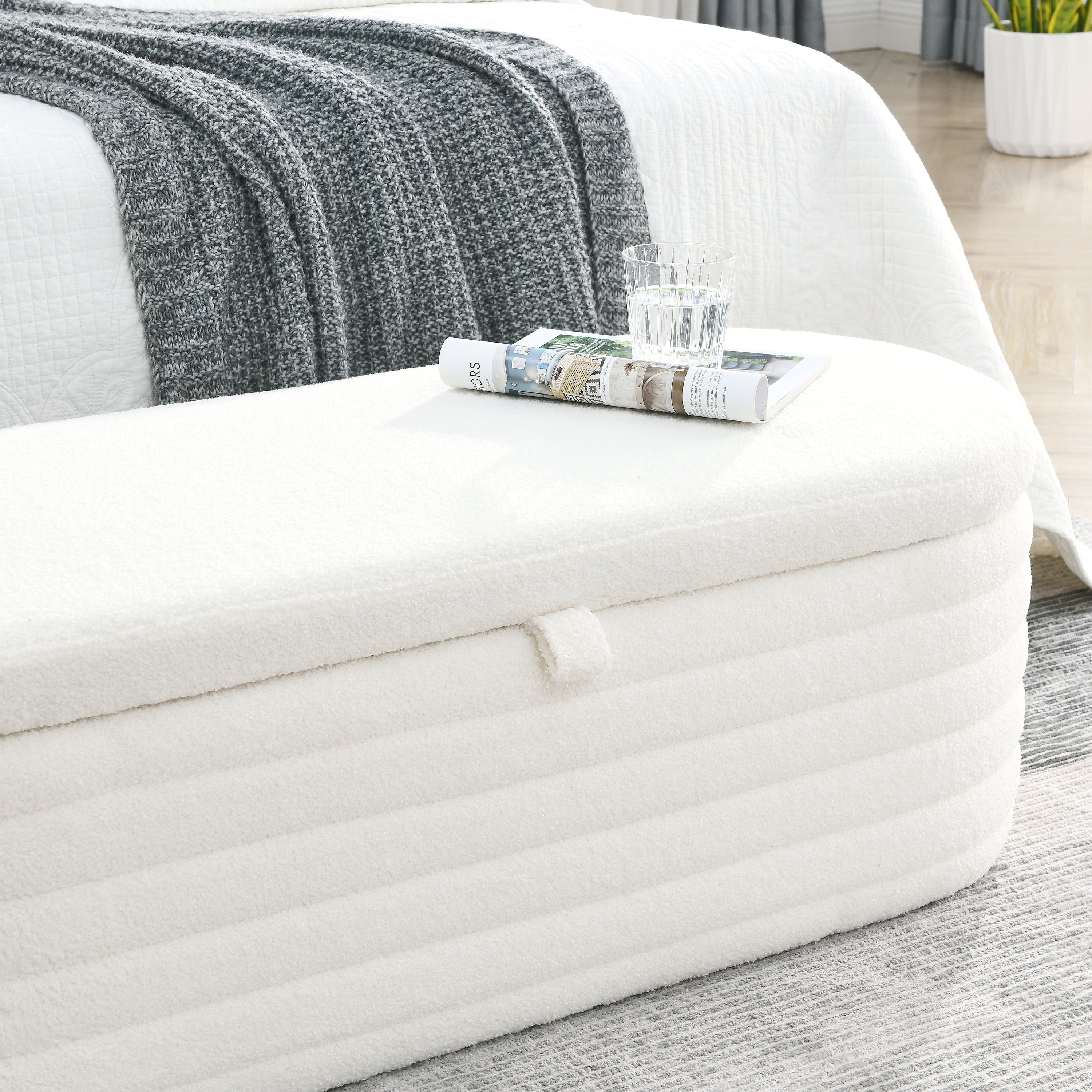 Storage Ottoman Bench Upholstered Fabric Storage - White Teddy