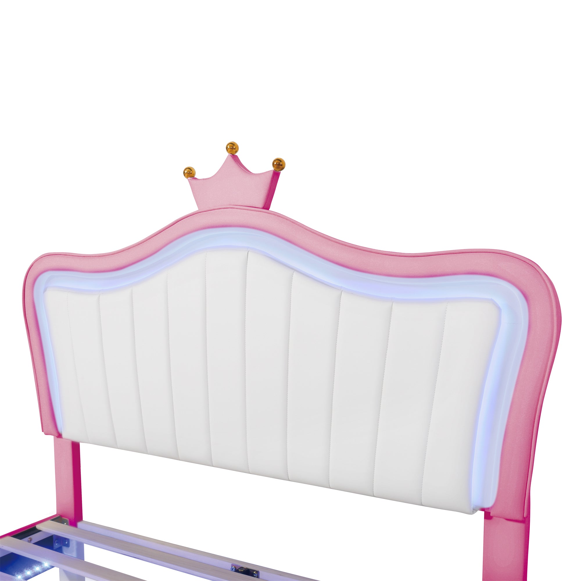 Full Size Princess Bed With Crown Headboard with LED Lights - White+Pink