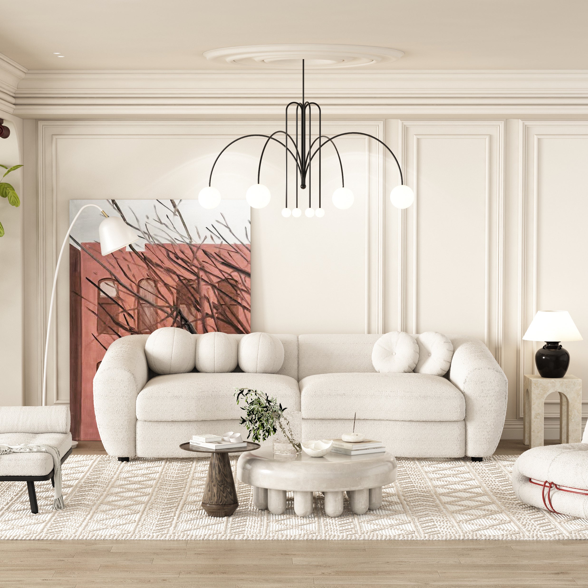 87.7" Modern Curved Sofa, Back Upholstered Couch with 5 Decorative Throw Pillows - Teddy Beige