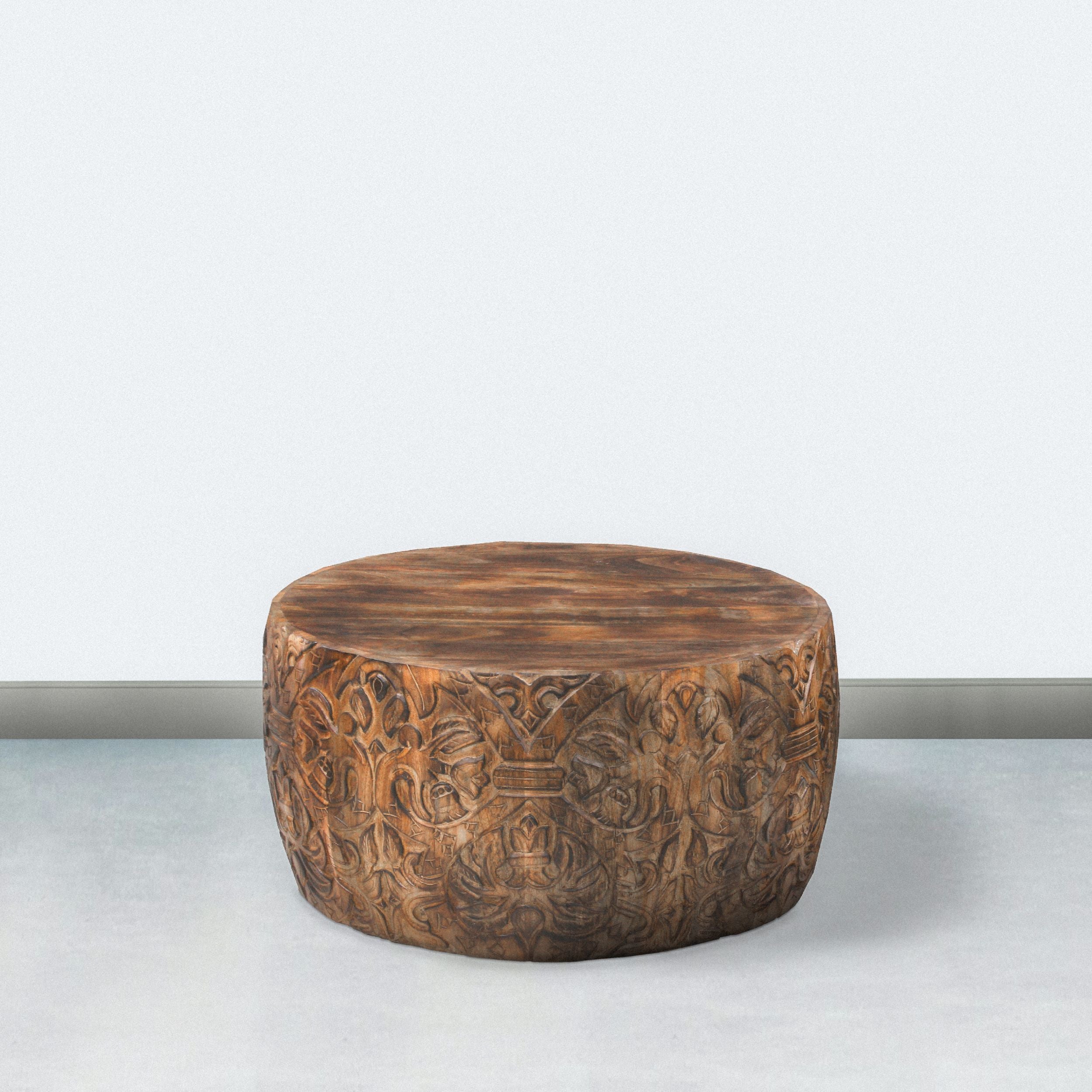 Handcrafted Mango Wood Coffee Table Round Drum Shape - Walnut Brown