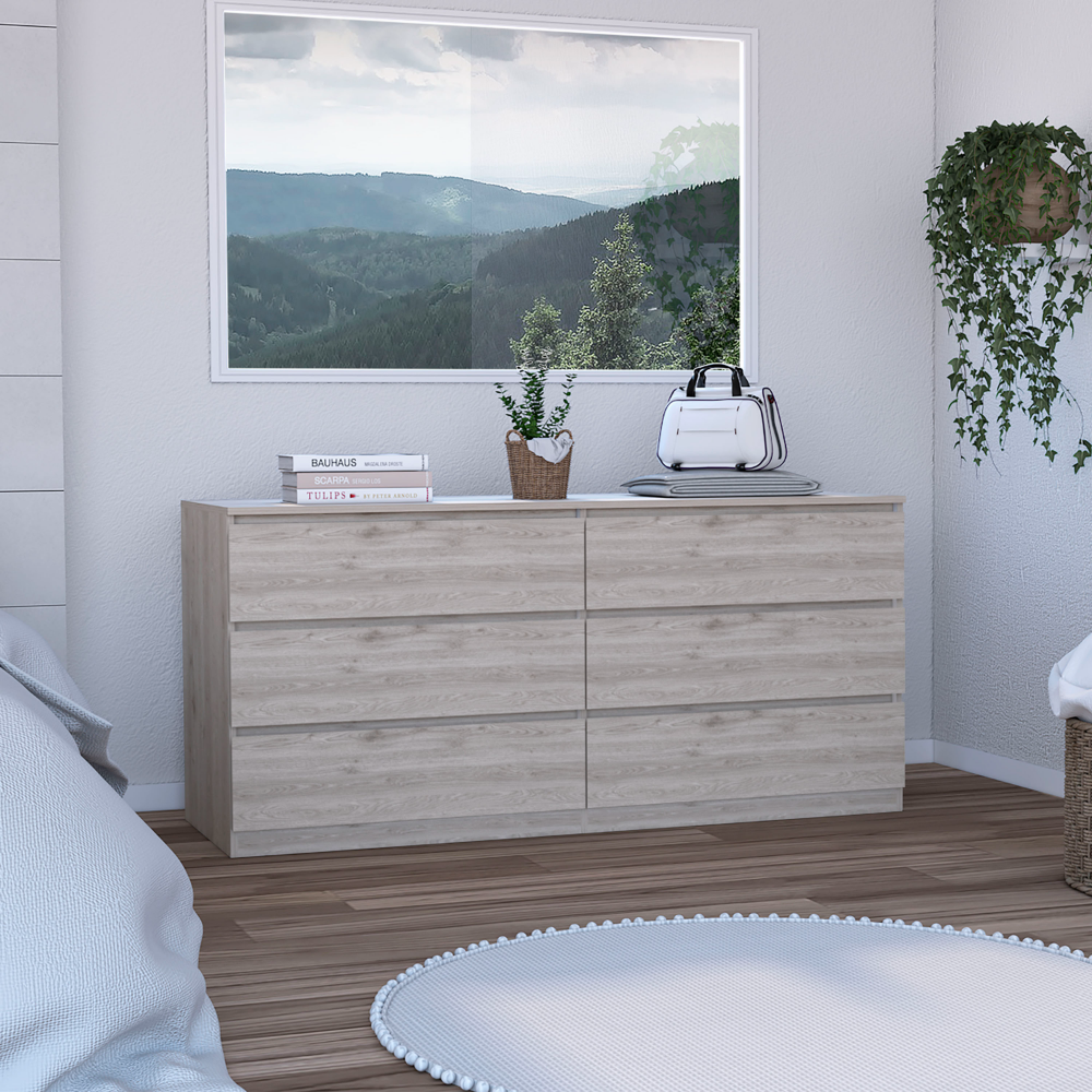 Asteria 6 Drawer Double Dresser, Metal Handles - Light Gray