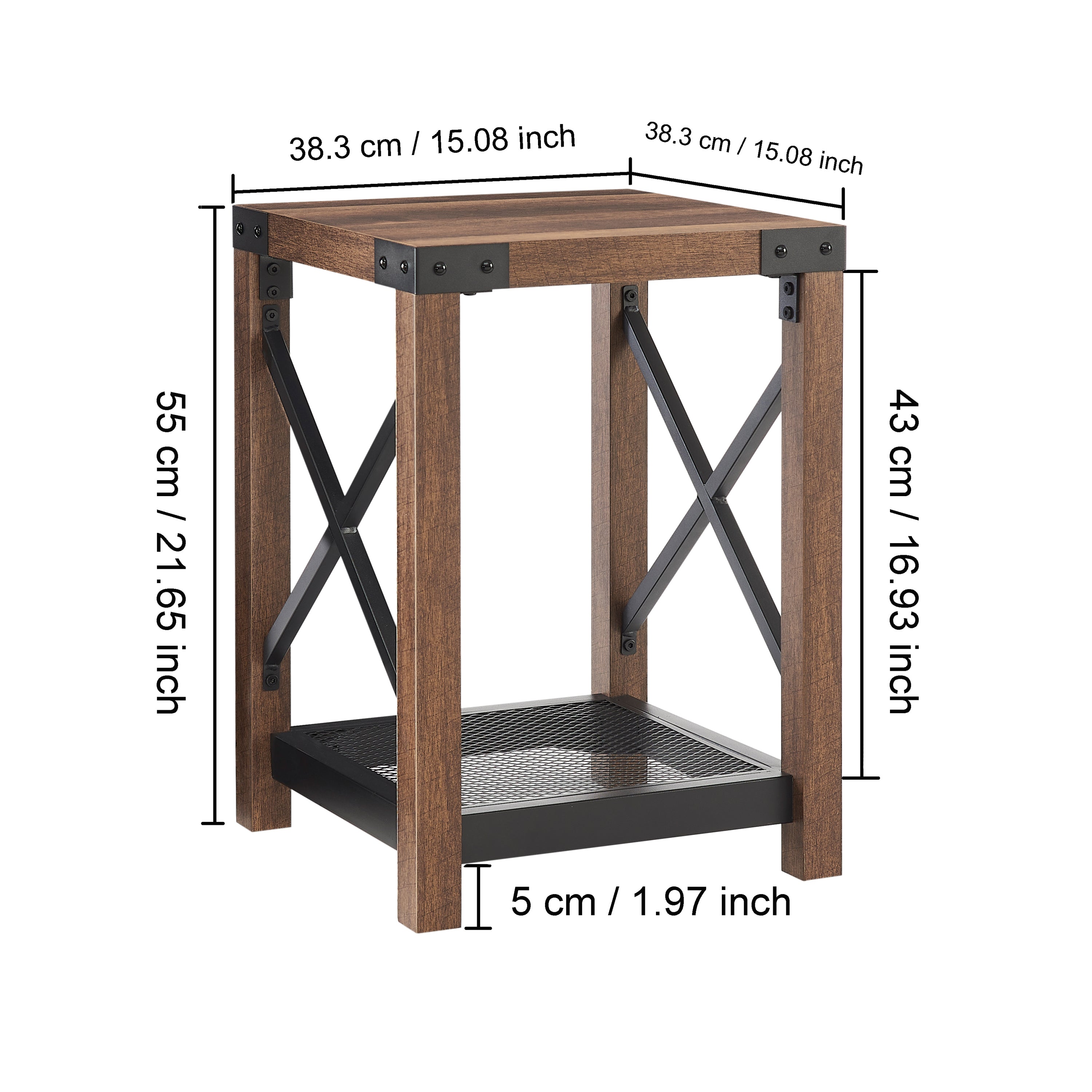 Farmhouse Wood Side Table, Nightstand with Mesh Shelf, 2-Tier End Table - Brown