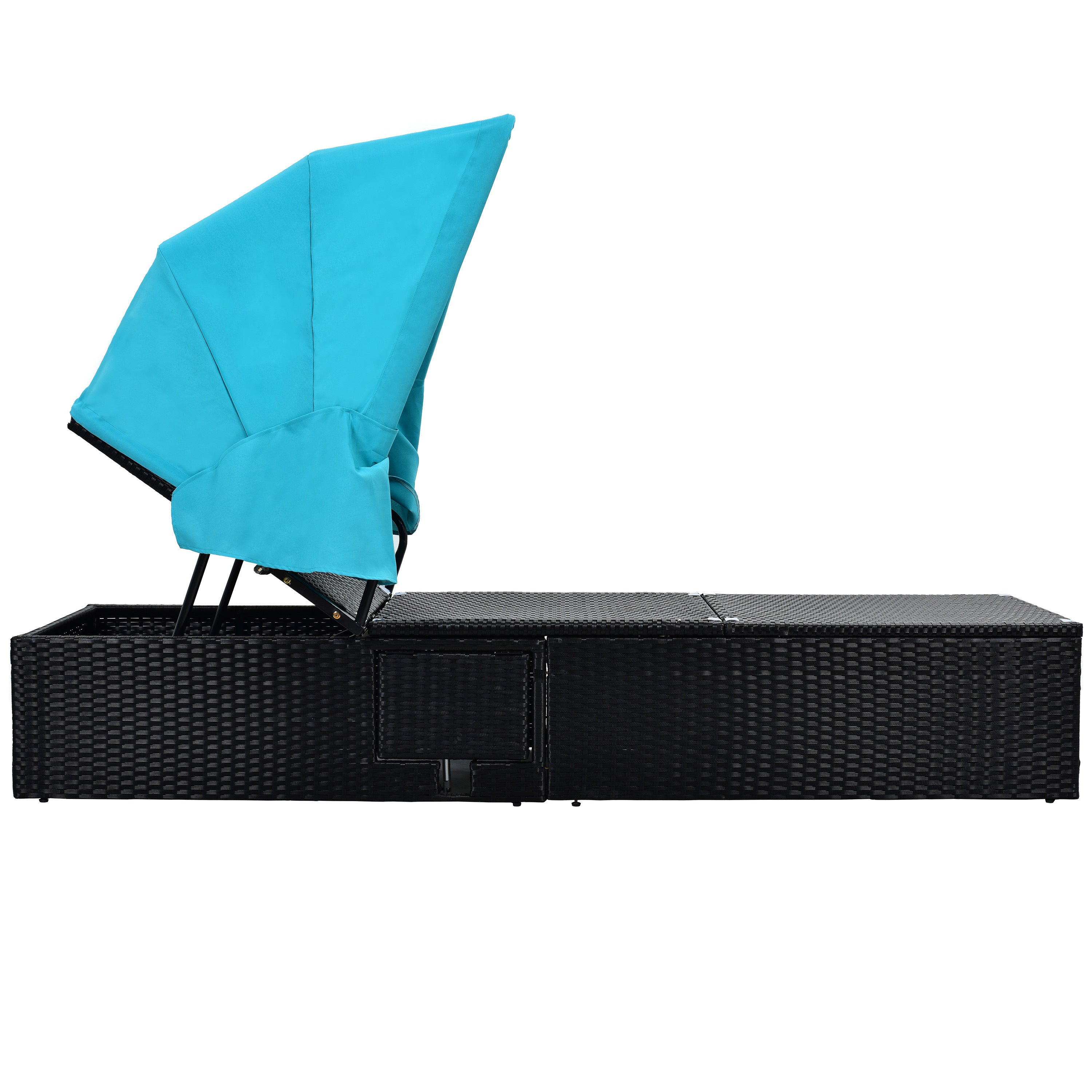 76.8" Long Reclining Single Chaise Lounge with Cushions, Canopy and Cup Table (Set of 2) - Black Wicker + Blue Cushion