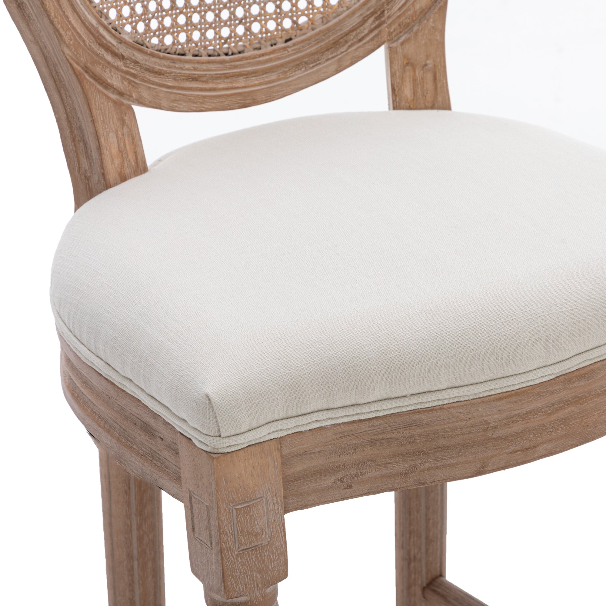 French Country Wooden Barstools Rattan Back With Upholstered Seating (Set of 2) - Beige and Natural