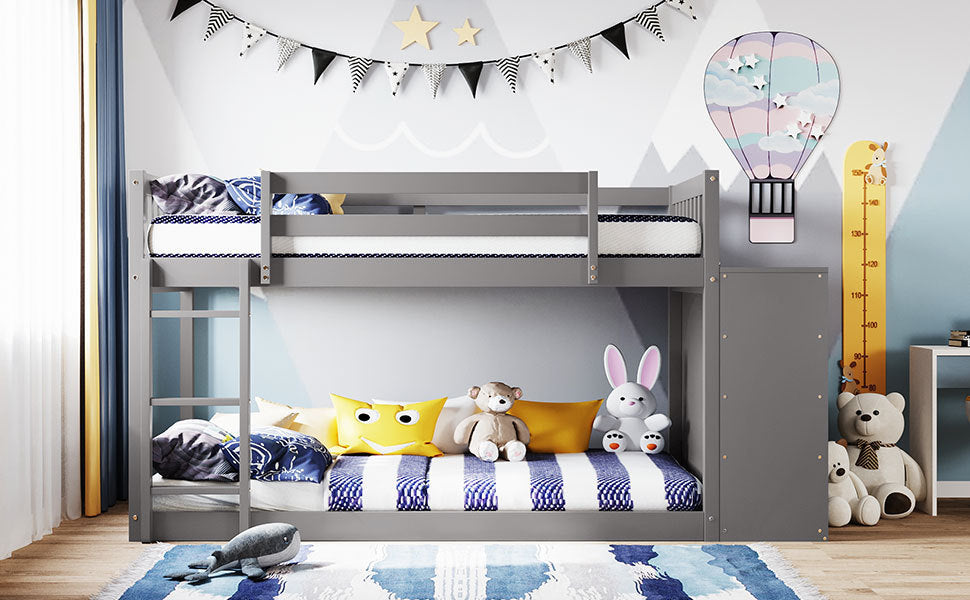 Twin over Twin Bunk Bed with 4 Drawers and 3 Shelves - Gray