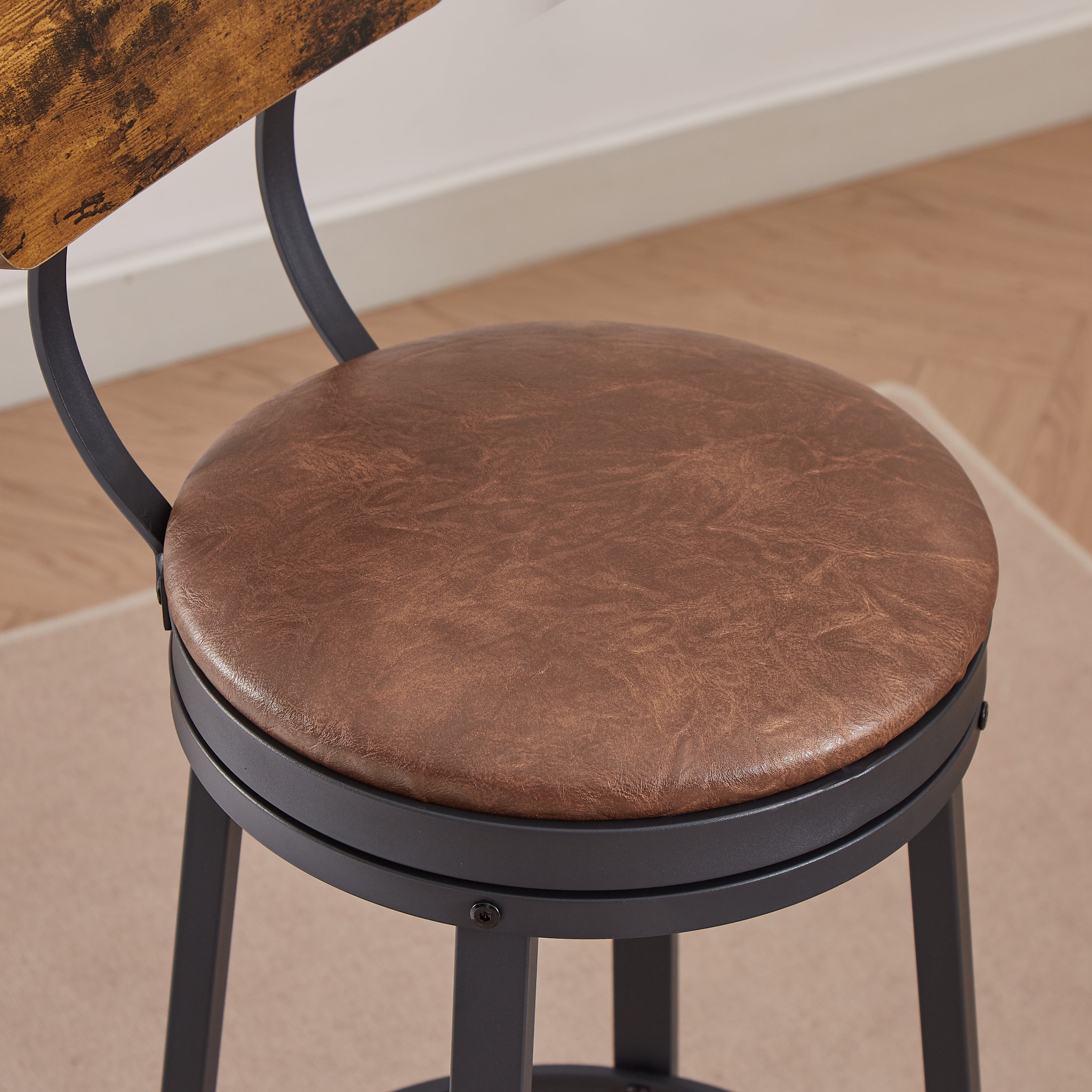High Bar Stool With Backrest PU Soft Seat Cushion and Footrest (Set of 2) - Rustic Brown