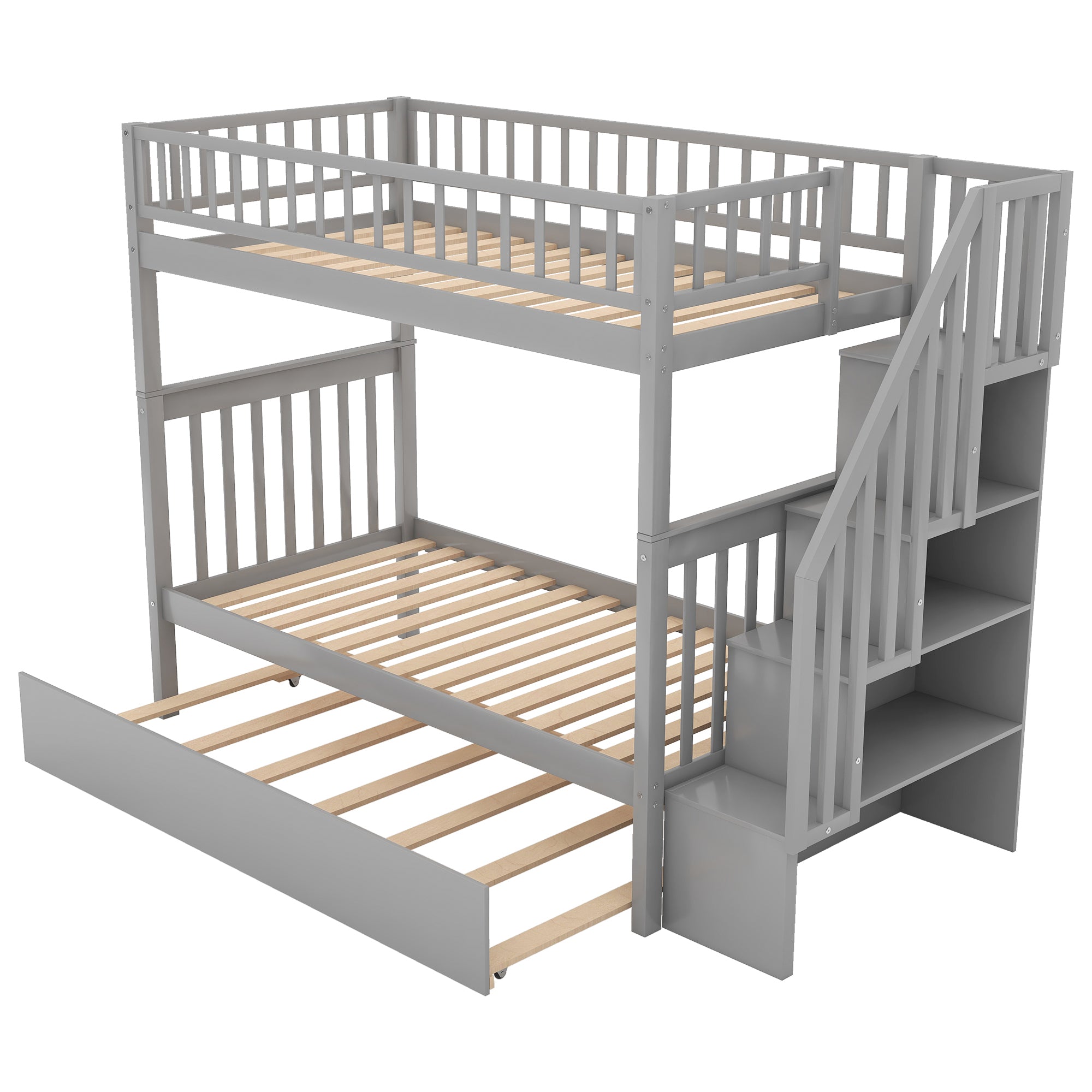 Twin over Twin Bunk Bed with Trundle and Storage -  Gray