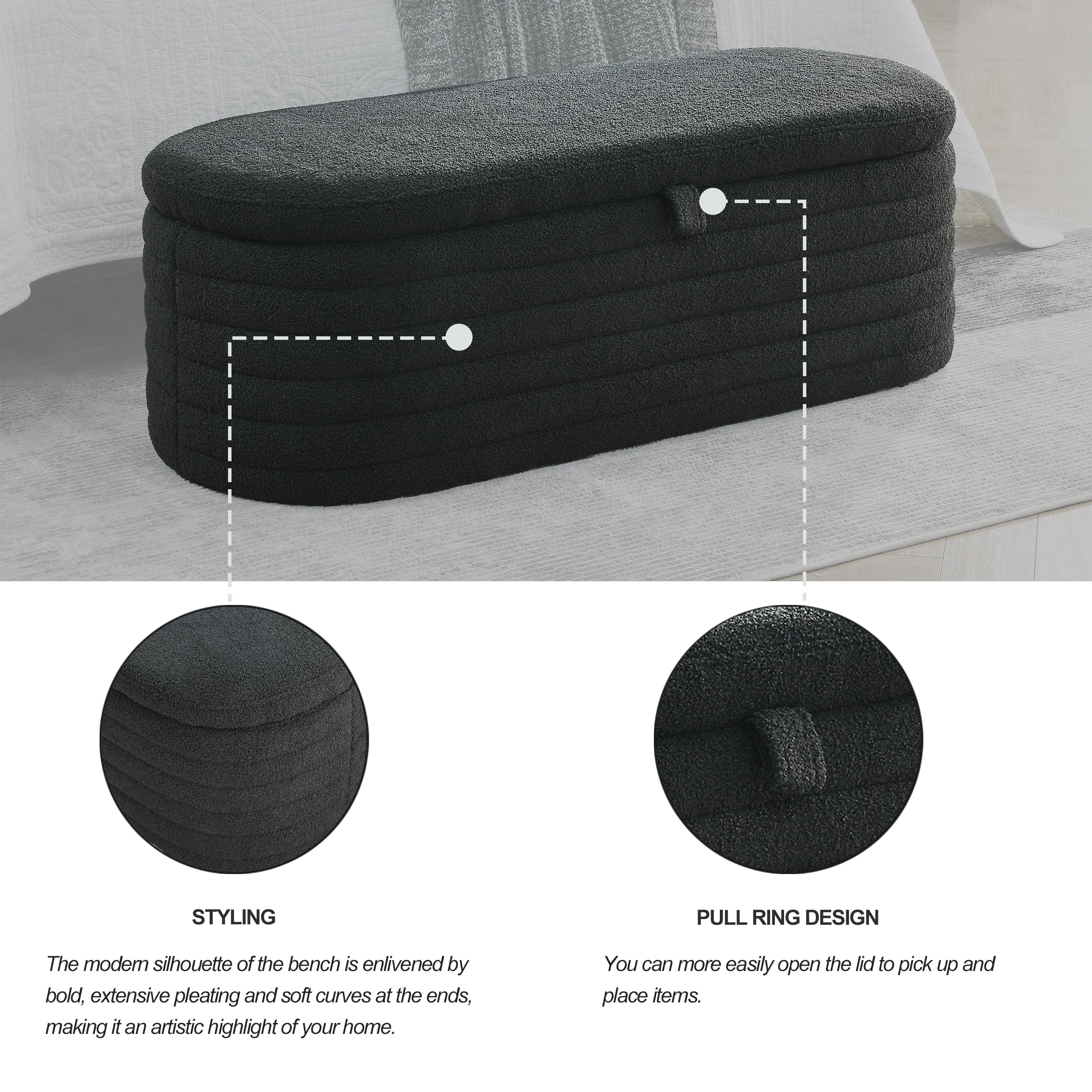 Storage Ottoman Bench Upholstered Fabric Storage - Black teddy
