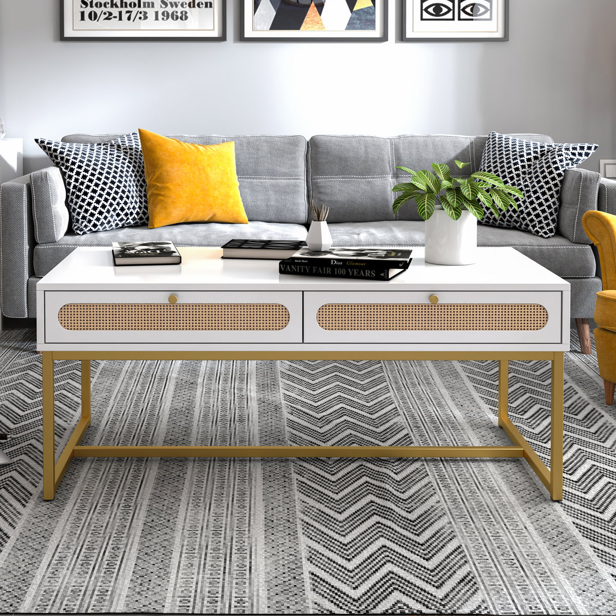 Rattan Coffee Table Modern with 2 Drawers