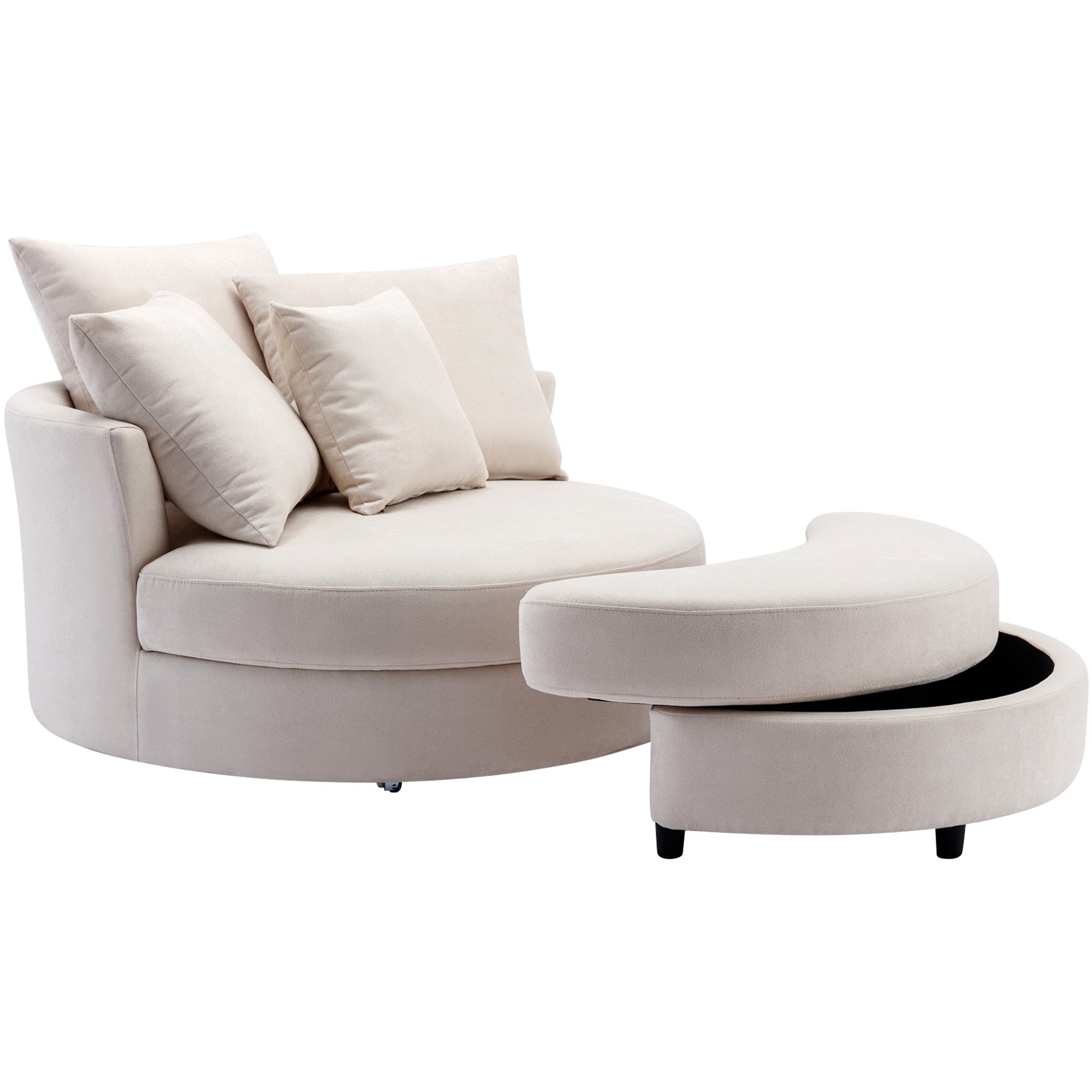 Modern 360° Swivel Accent Barrel Chair with Storage Ottoman & 4 Pillows - Linen Creamy White