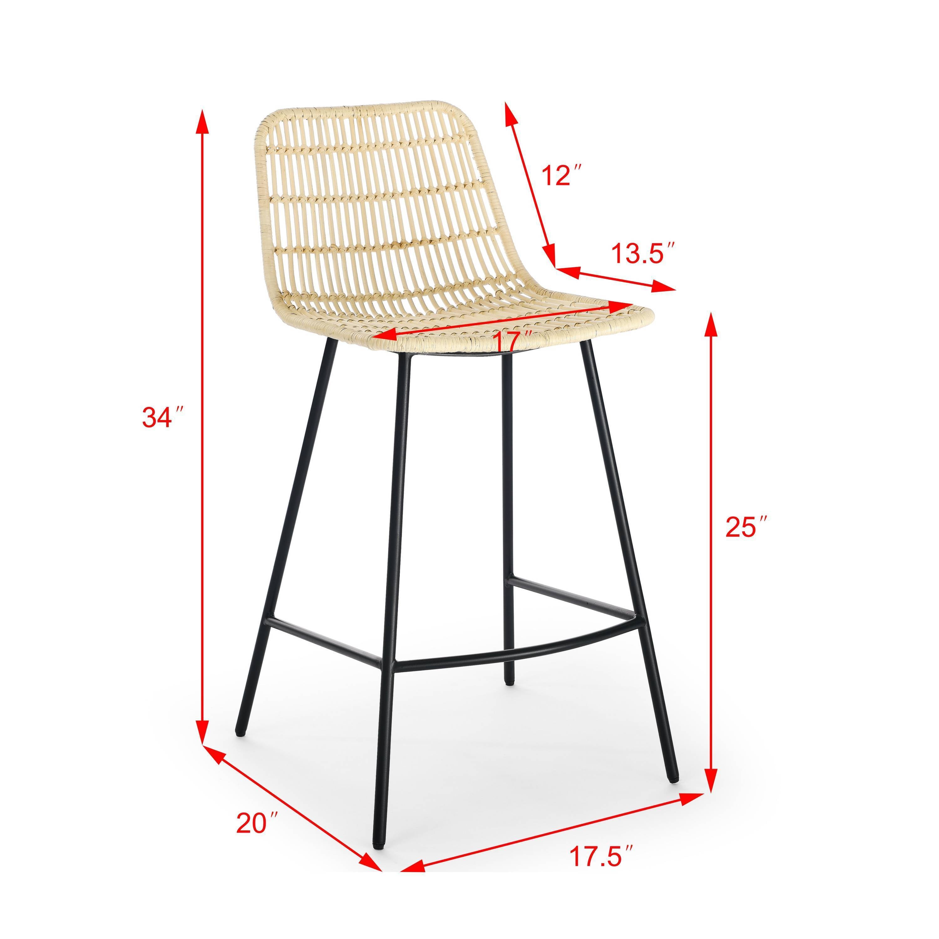 Natural Rattan Indoor Counter Chair, Black Finish Steel Legs (Set of 2)- Natural