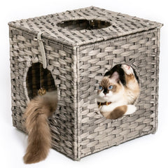 Rattan Cat Litter Cat Bed with Rattan Ball and Cushion - Grey