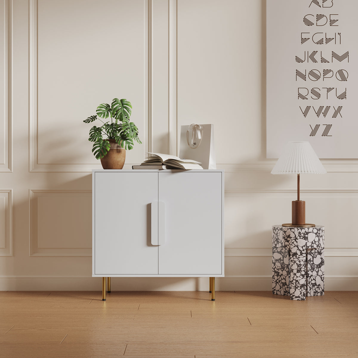 Sideboard Buffet Cabinet with Storage Modern Storage Cabinets with 2 Doors with Handle for Living Room Dining Room Entryway, White