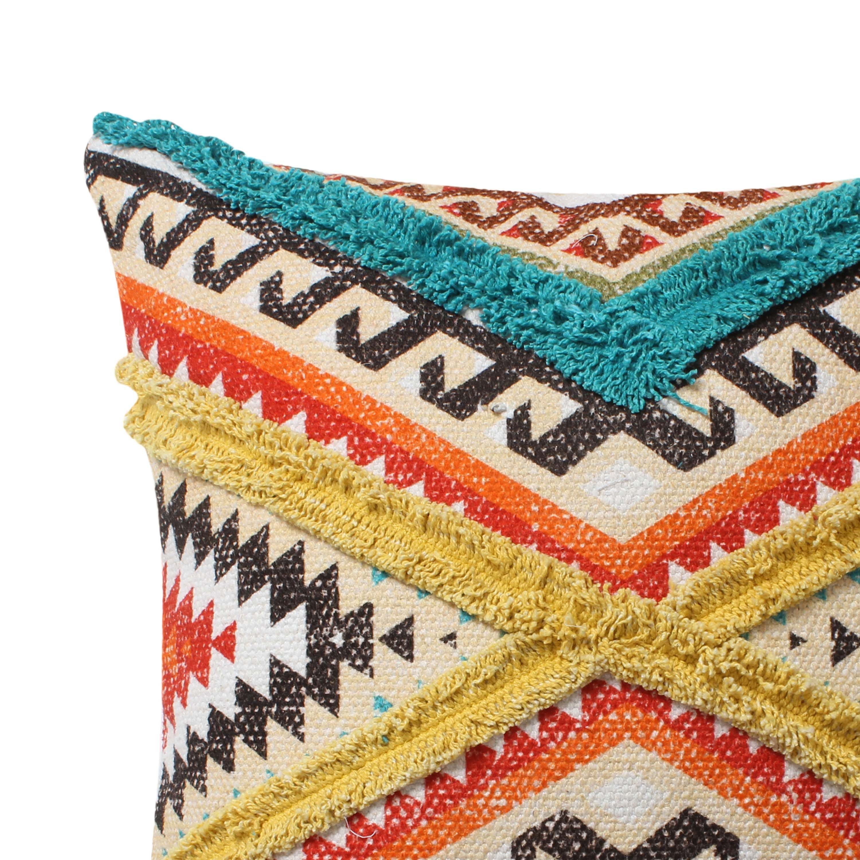 Square Cotton Accent Throw Pillow, Aztec Tribal Inspired Pattern, Trimmed Fringes 18x18" - Multicolor