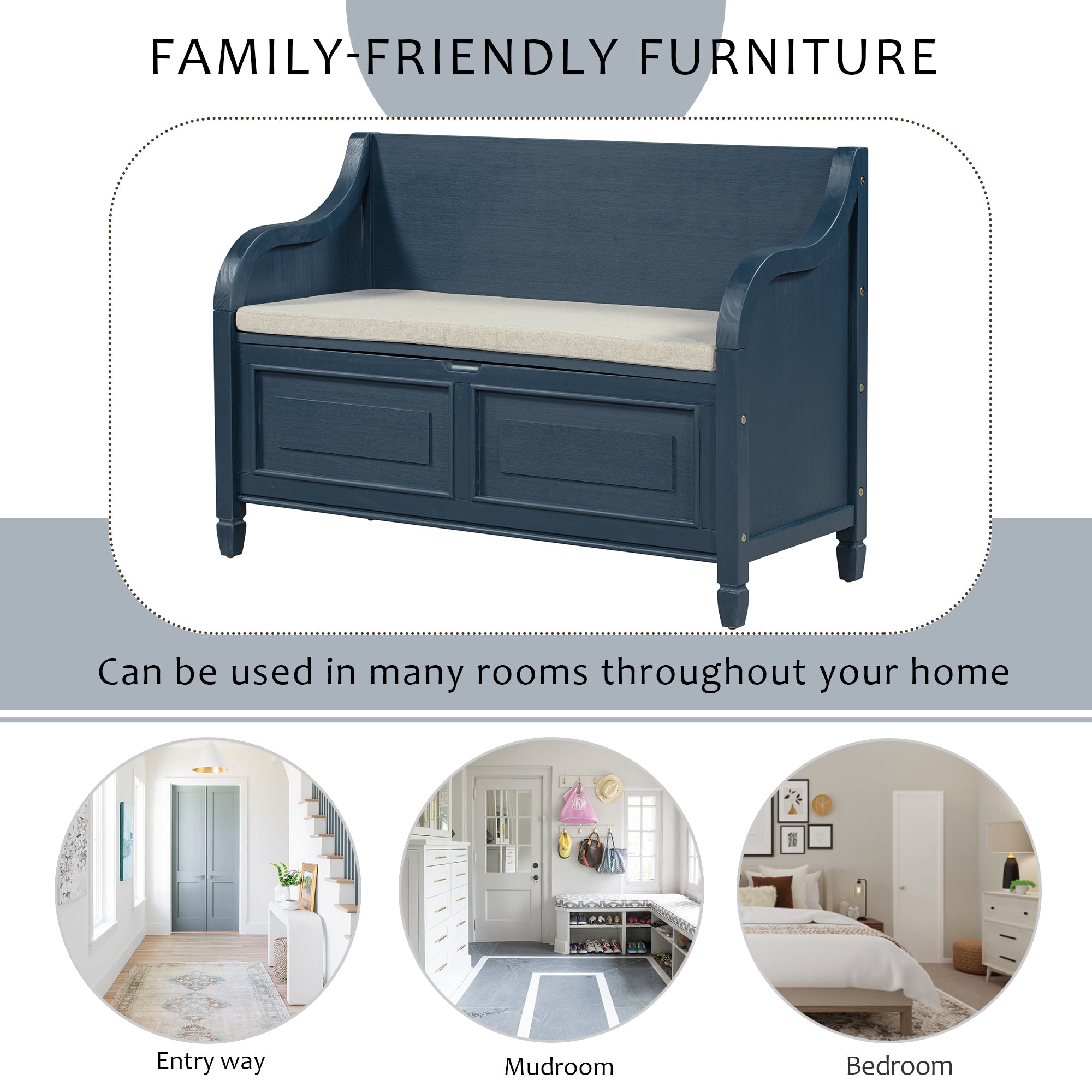 Rustic Style Solid Wood Entryway Storage Bench with Safety Hinge - Antique Navy + Beige