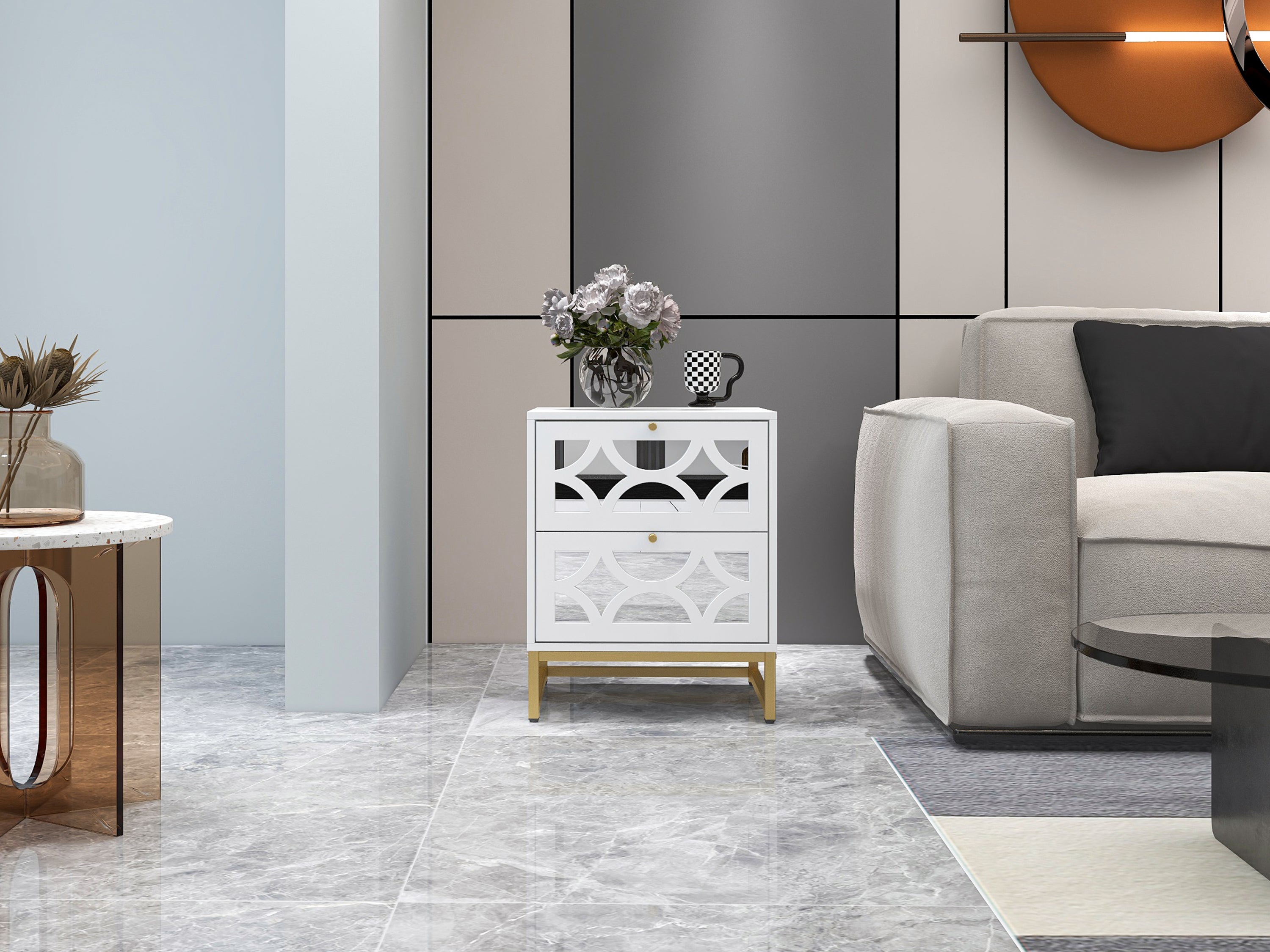 Small Bedside Table with 2 Drawers, White Mirrored Nightstand, with Gold Legs