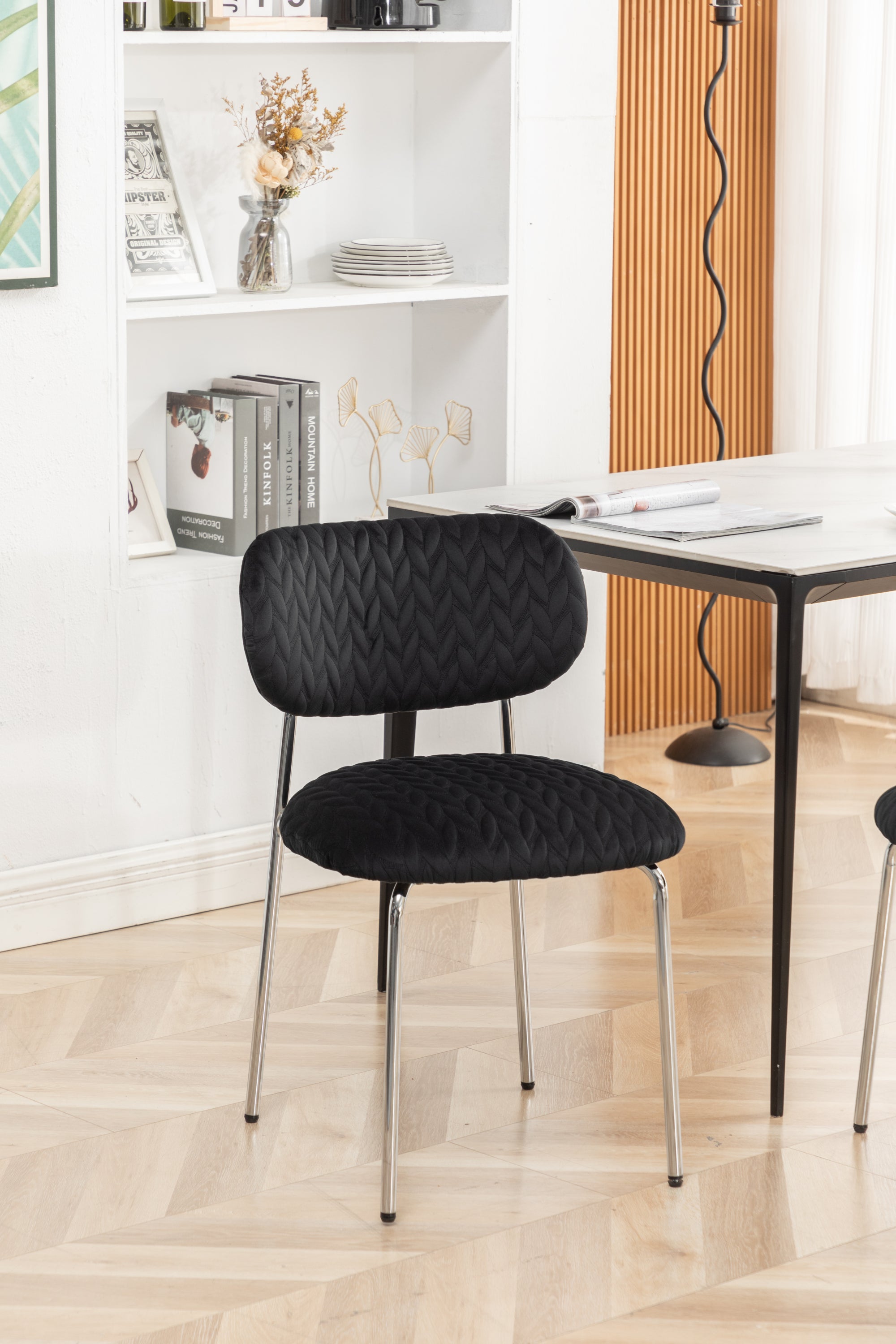 Velvet Dining Chair Leaf Grain Ergonomic Backrest Silver Metal Legs (Set of 2) - Black