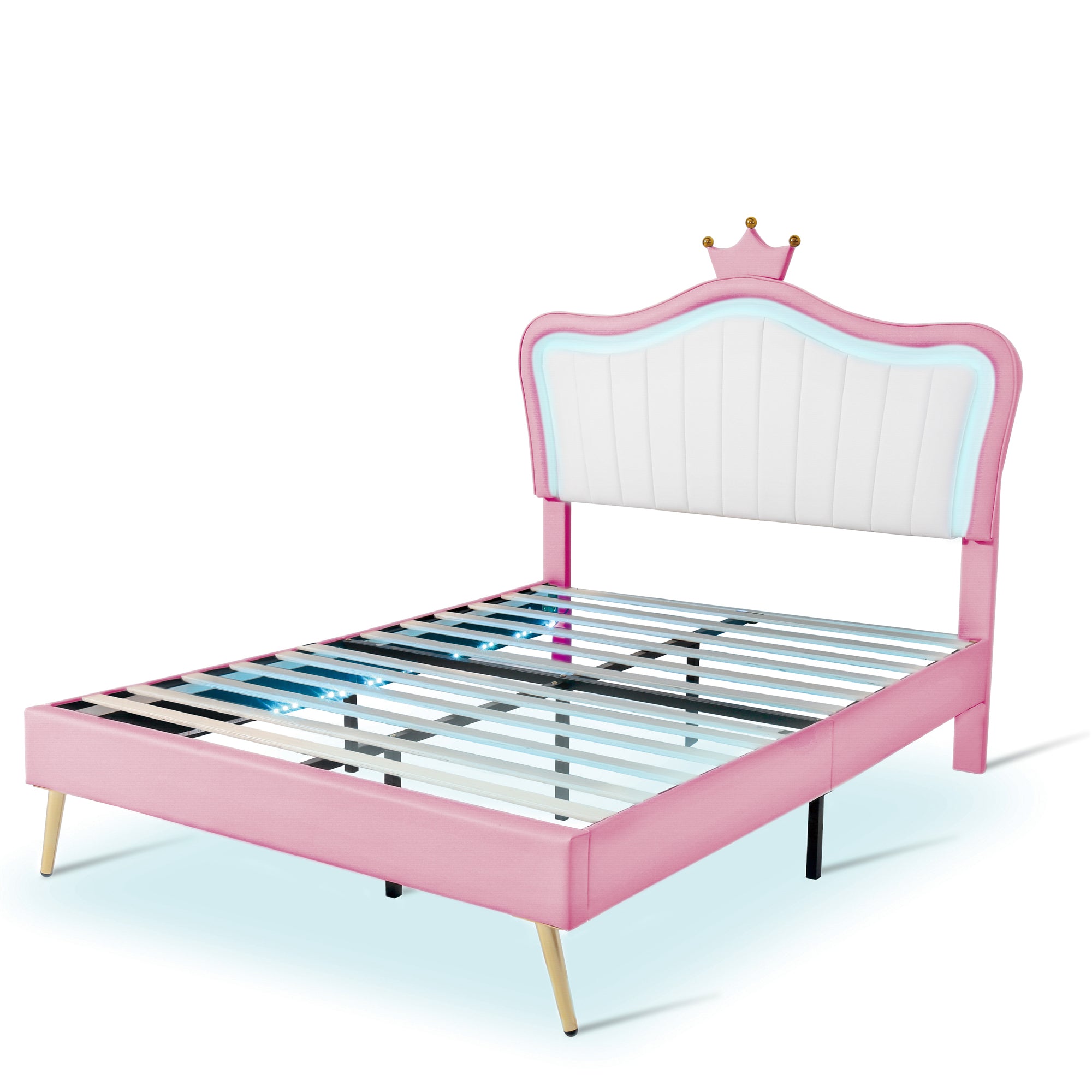 Full Size Princess Bed With Crown Headboard with LED Lights - White+Pink