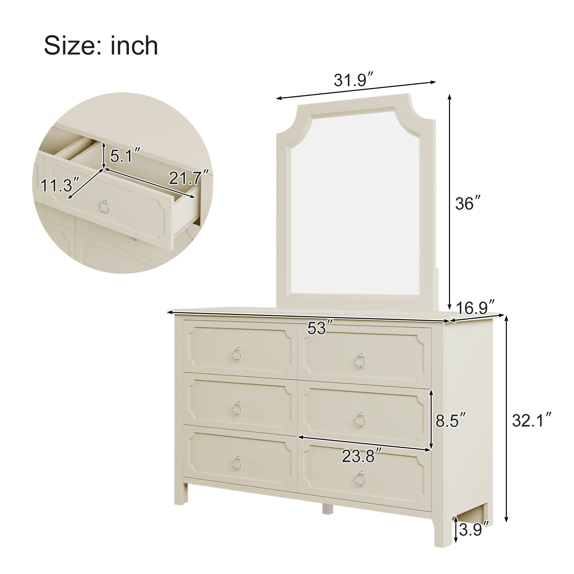 Milky Rubber Wooden Dresser 6 Large Drawers Silver Metal Handles - White