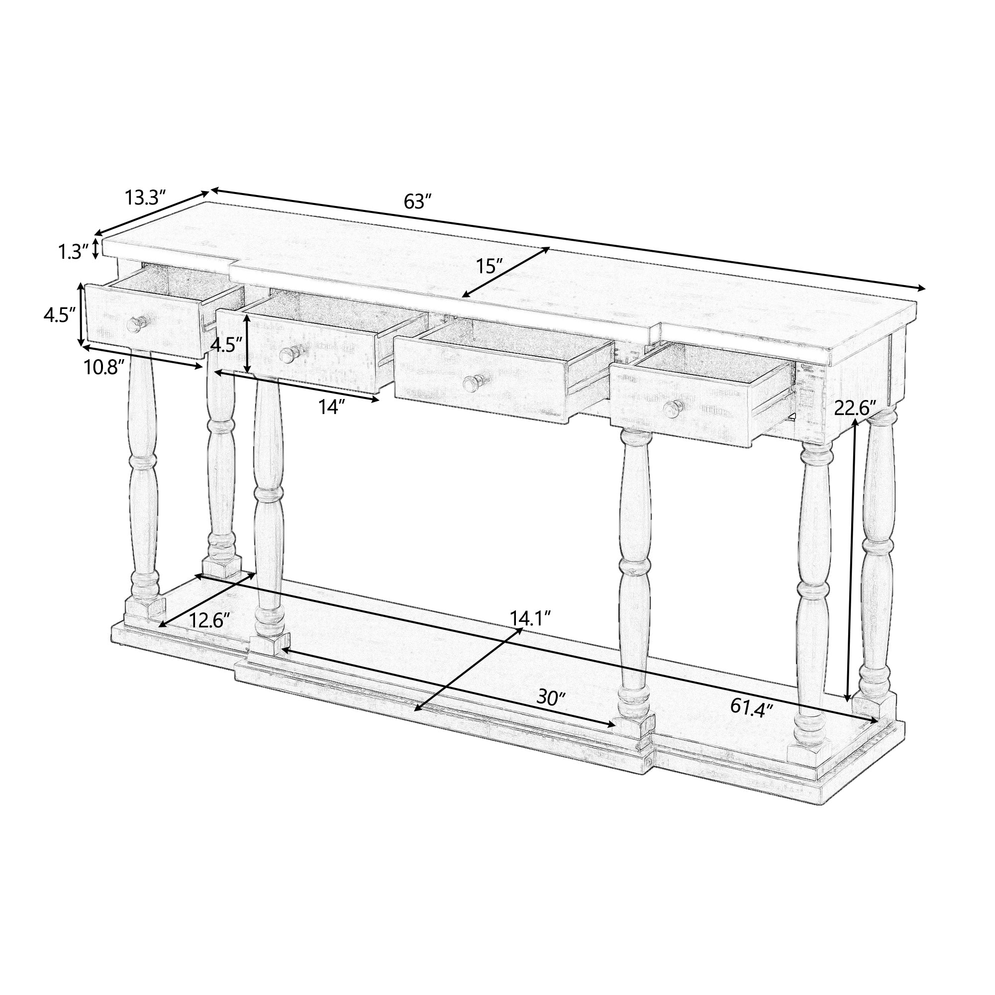 Farmhouse Console Table for Hallway with 4 Front Facing Storage Drawers and 1 Shelf
