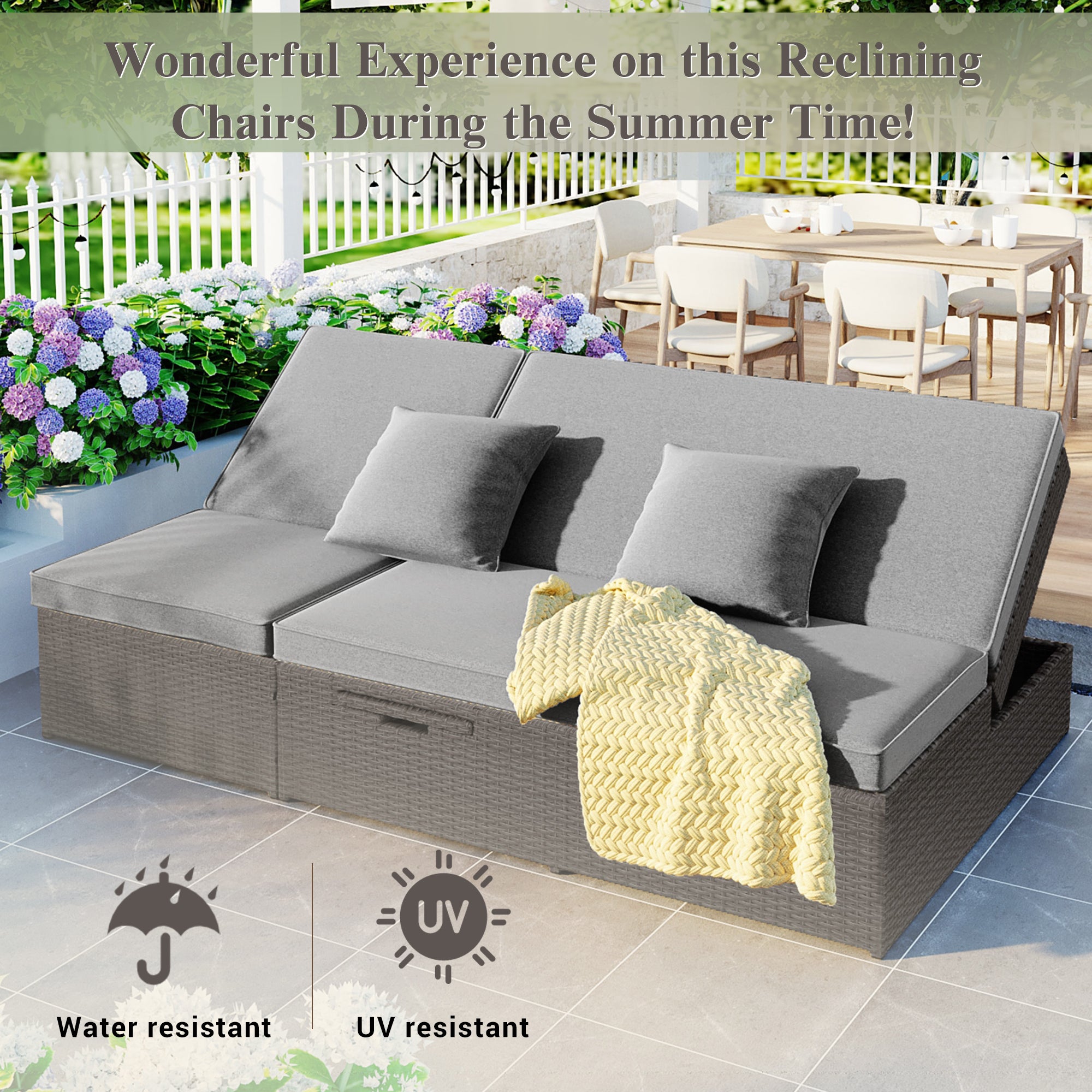 Outdoor Double Sun bed, Wicker Rattan Patio Reclining Chairs with Adjustable Backrest and Seat, Conversational Set for 2 Person - Gray