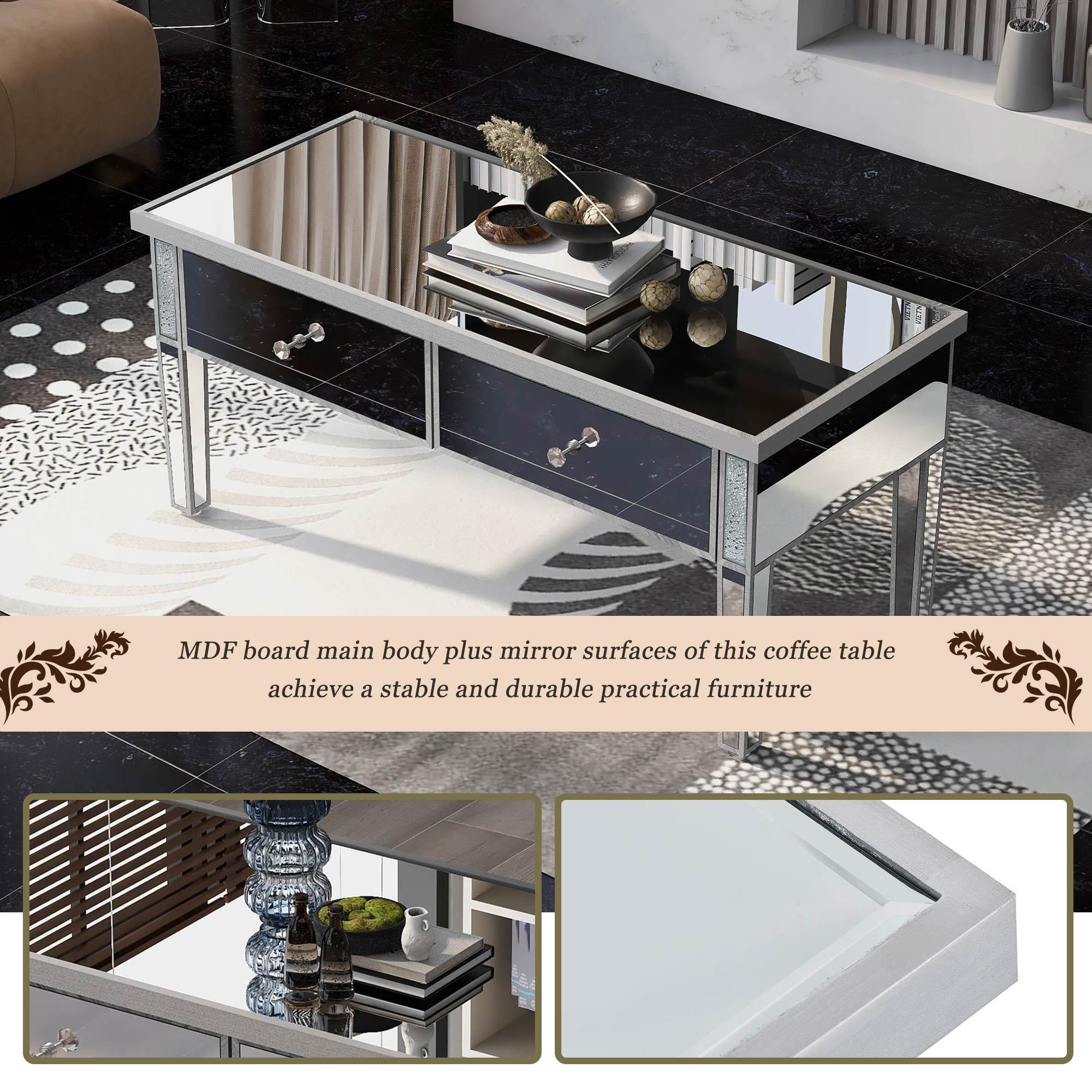 Modern Glass Mirrored Coffee Table with 2 Drawers, Cocktail Table with Crystal Handles and Adjustable Height Legs - Silver