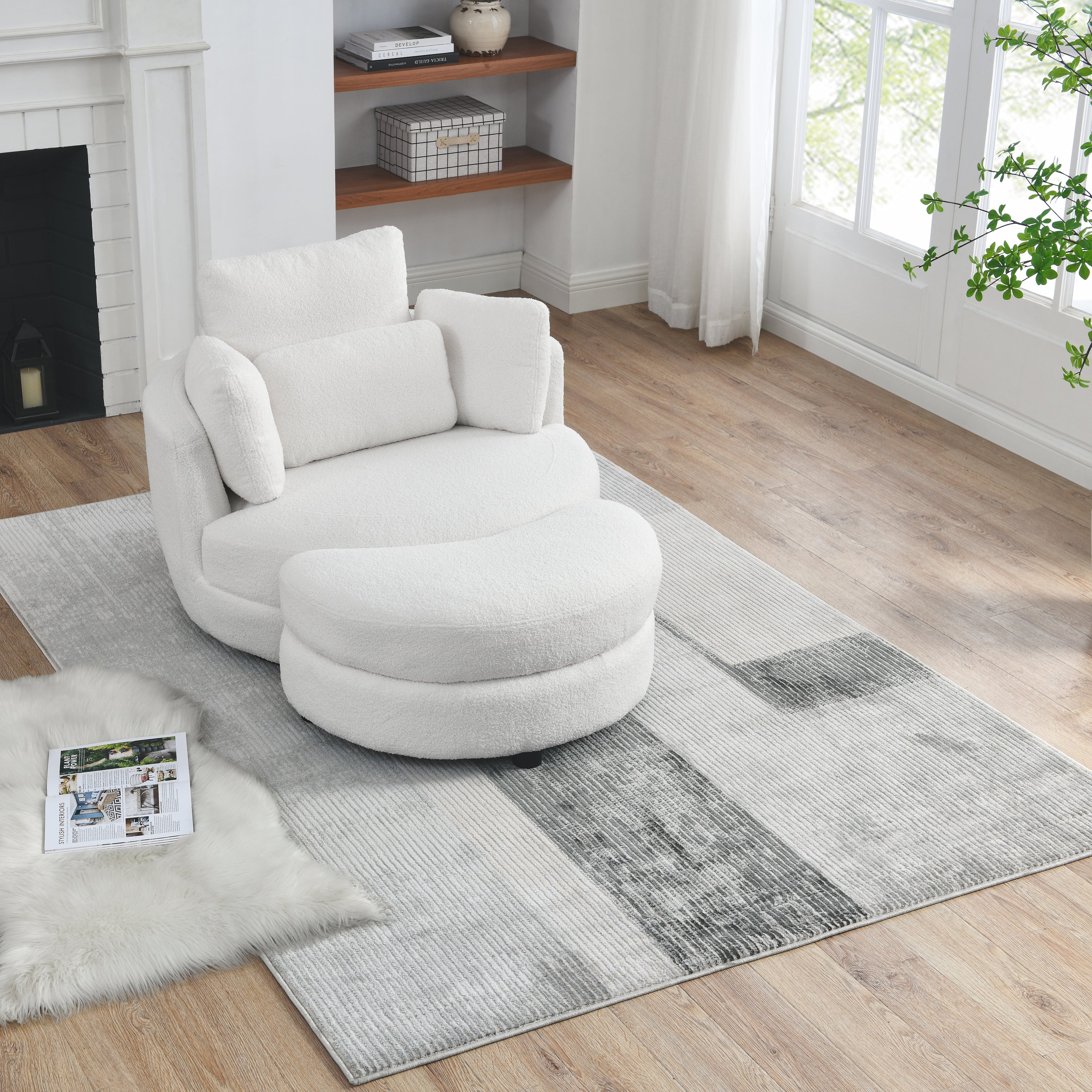 39"W Oversized Swivel Chair with Moon Storage Ottoman, 4 Pillows - Teddy Fabric White