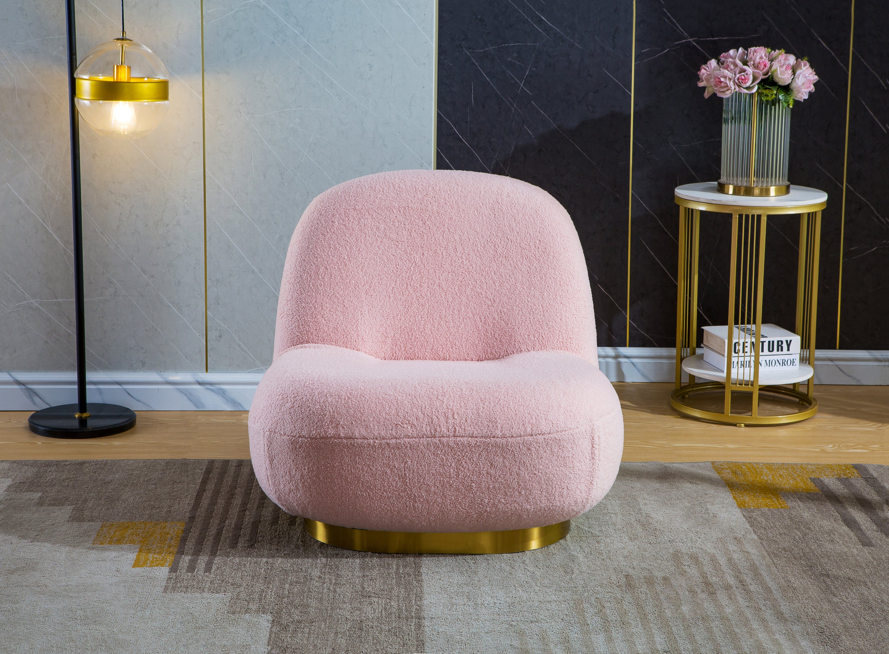 Modern Velvet Swivel Accent Chair, Swivel Barrel Chair with Gold Finish Stainless Steel Base - Pink