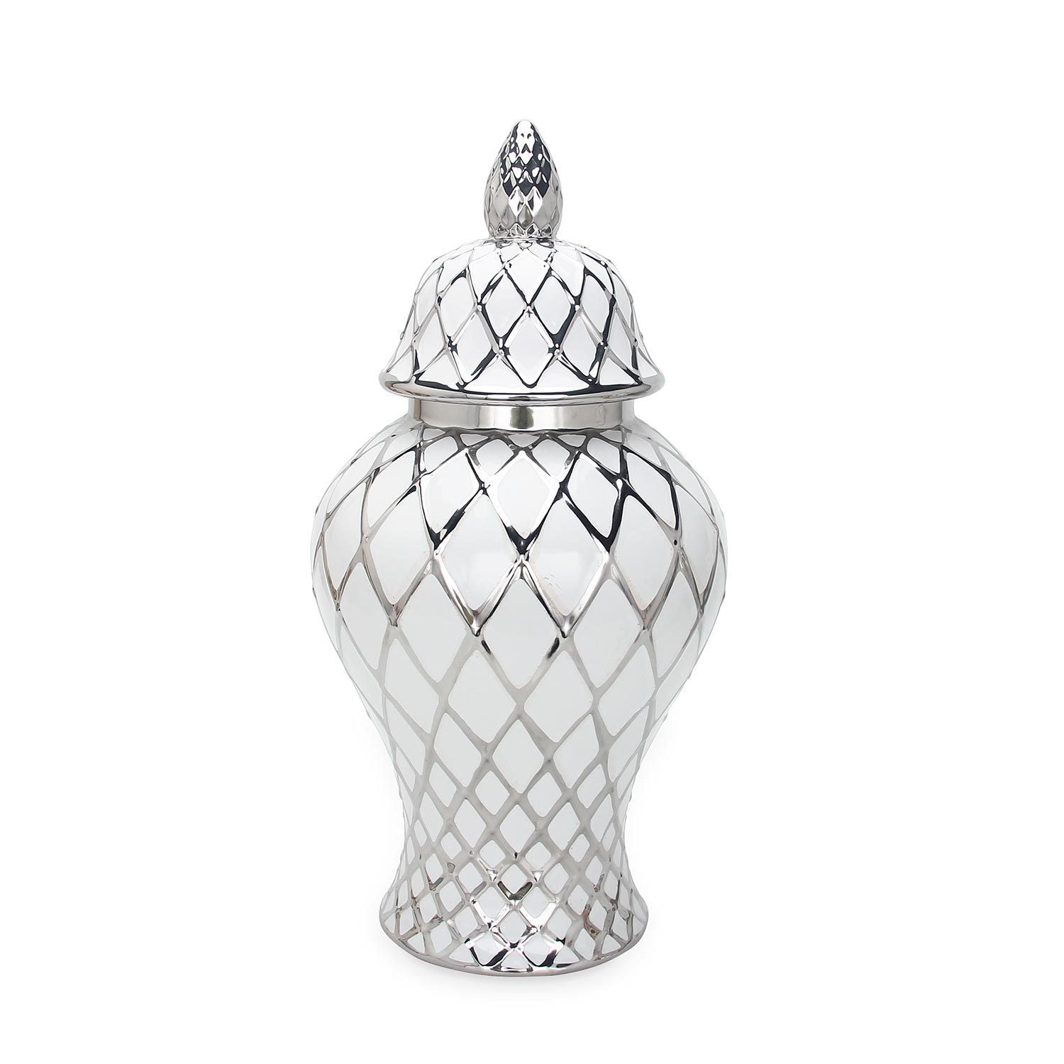 White and Silver Ceramic Decorative Jar with Lid