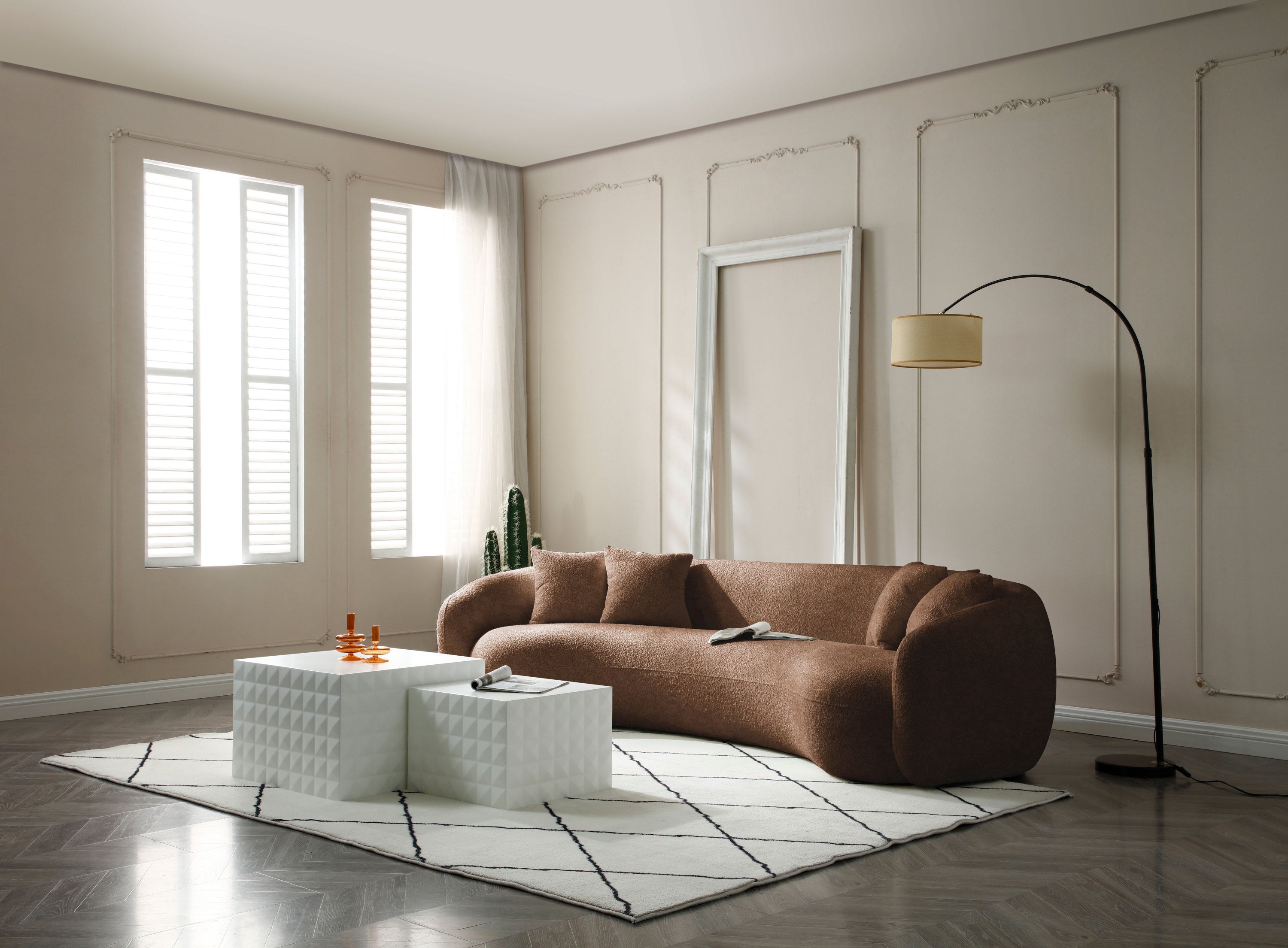 102'' 5-Seater Boucle Sofa Modern Sectional Half Moon Leisure Couch Curved Sofa - Teddy Fleece Brown