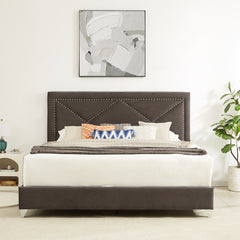 King Bed - Beautiful brass studs adorn the headboard, strong wooden slats + metal legs with Electroplate