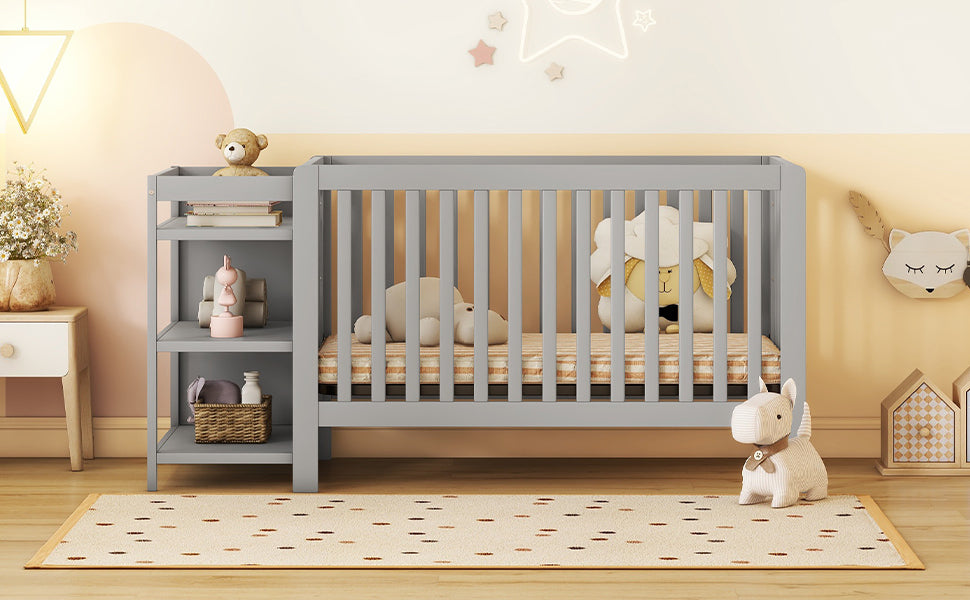 Convertible Crib/Full Size Bed with Changing Table - Gray