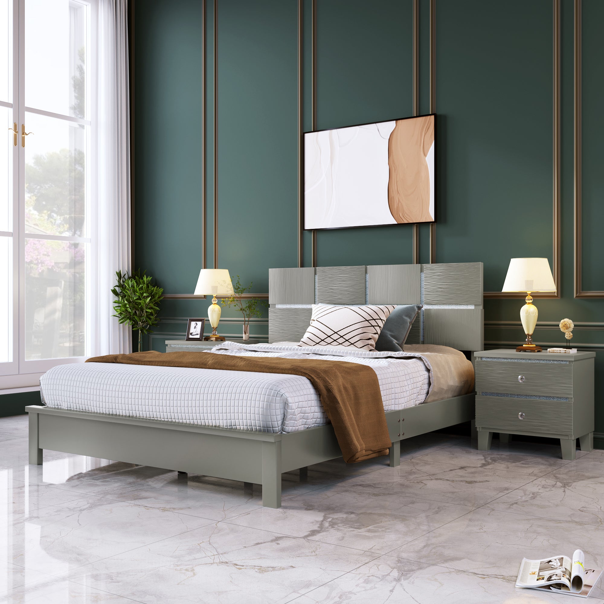 Queen Size Champagne Silver Platform Bed Solid Rubber Wood Frame and Legs - Champagne