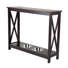 31.5"H Modern Console Table with Dog/Cat Bowls, X Frame Narrow Sofa Table - Brown and Black
