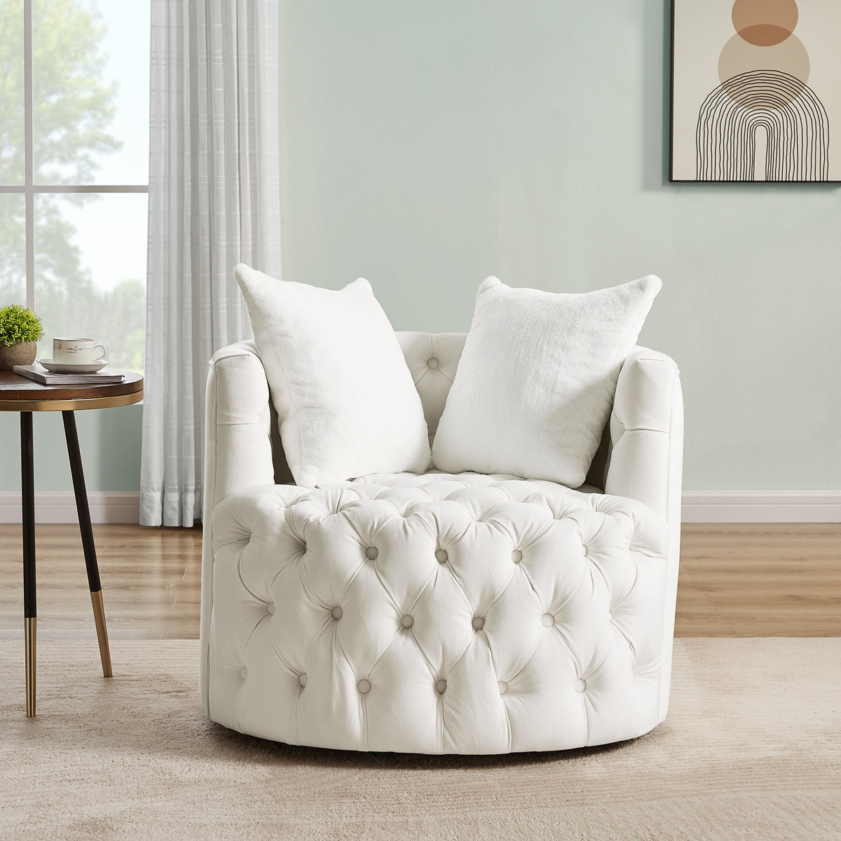 Modern Swivel Barrel Chair with 360° Rotating Base and 2 Pillows - White Velvet