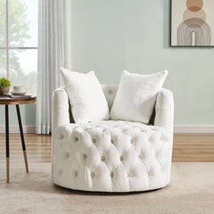 Modern Swivel Barrel Chair with 360° Rotating Base and 2 Pillows - White Velvet