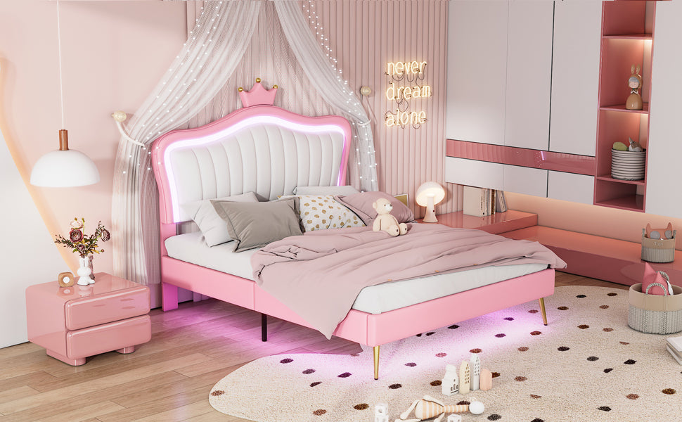 Full Size Princess Bed With Crown Headboard with LED Lights - White+Pink