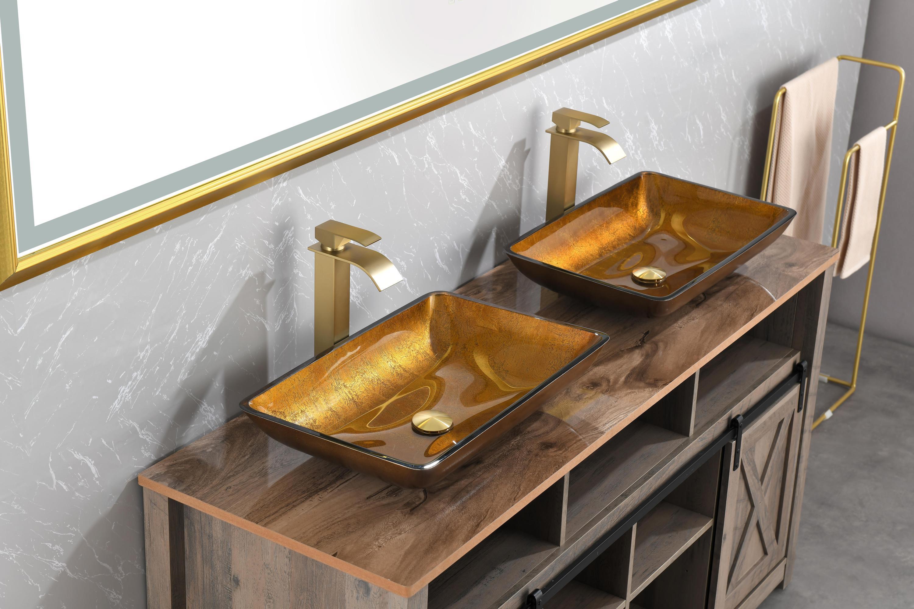 22.25" L -14.25" W -4 1/2" H Glass Rectangular Vessel Bathroom Sink Set with Gold Faucet and Gold Pop Up Drain