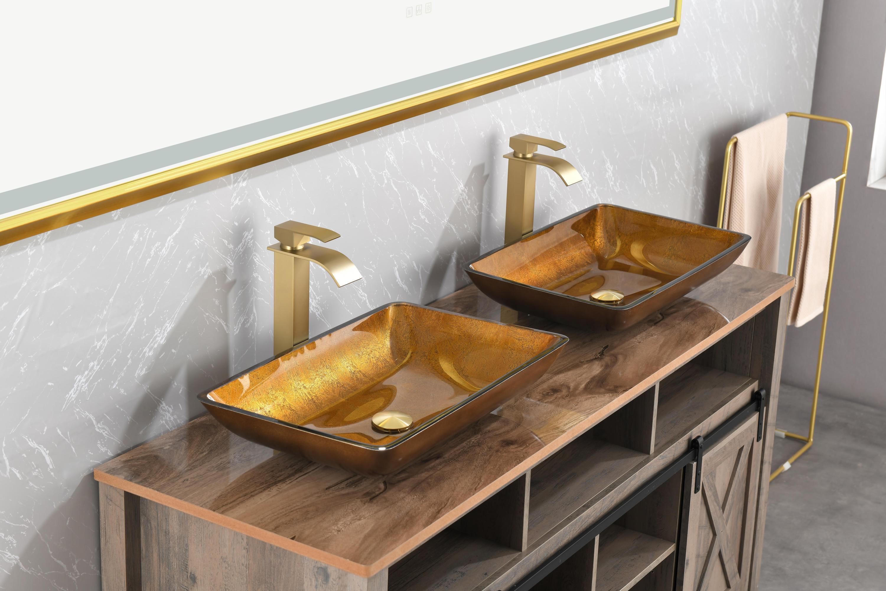 22.25" L -14.25" W -4 1/2" H Glass Rectangular Vessel Bathroom Sink Set with Gold Faucet and Gold Pop Up Drain