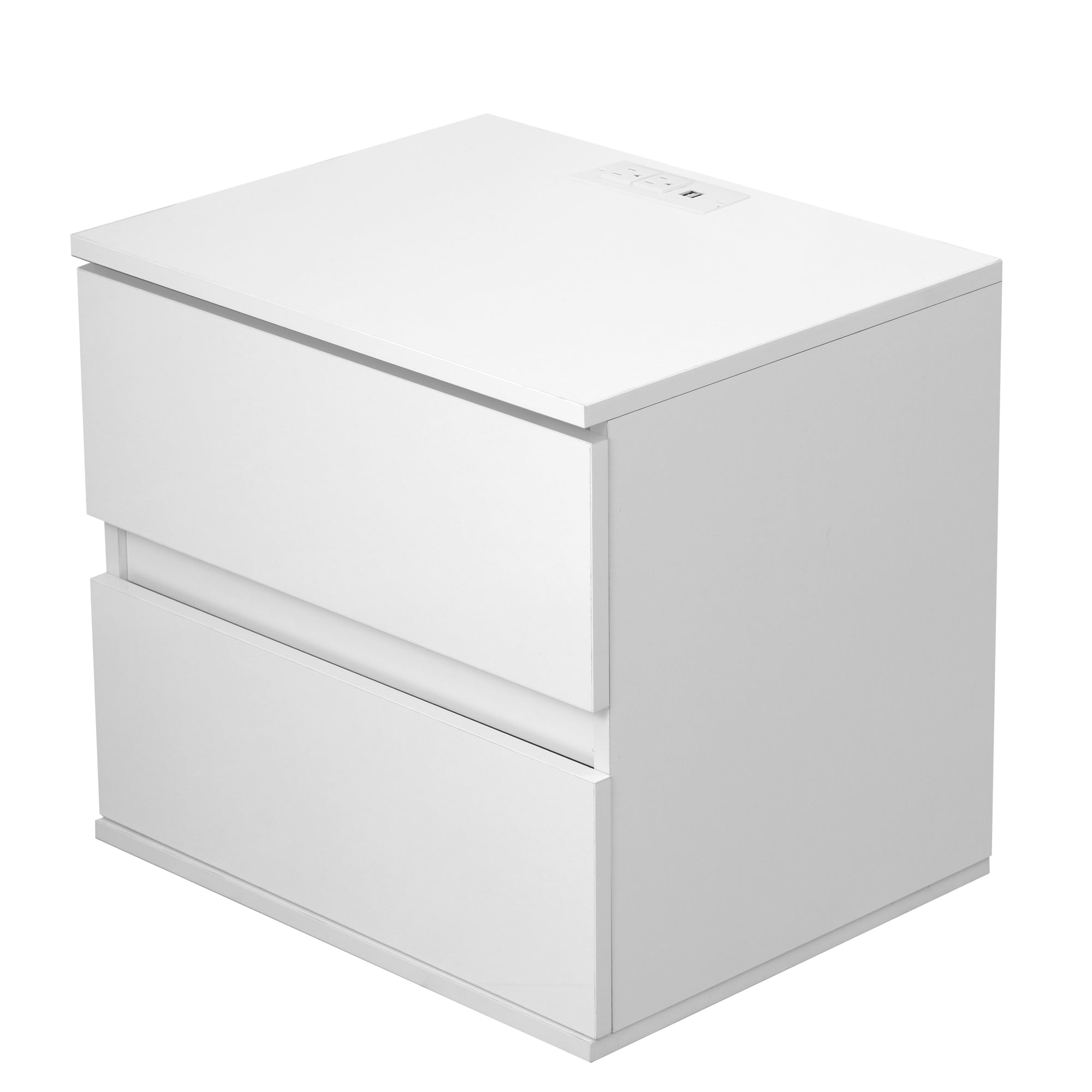 Nightstand with 2 Drawers, USB Charging Ports and Remote Control LED Light - White