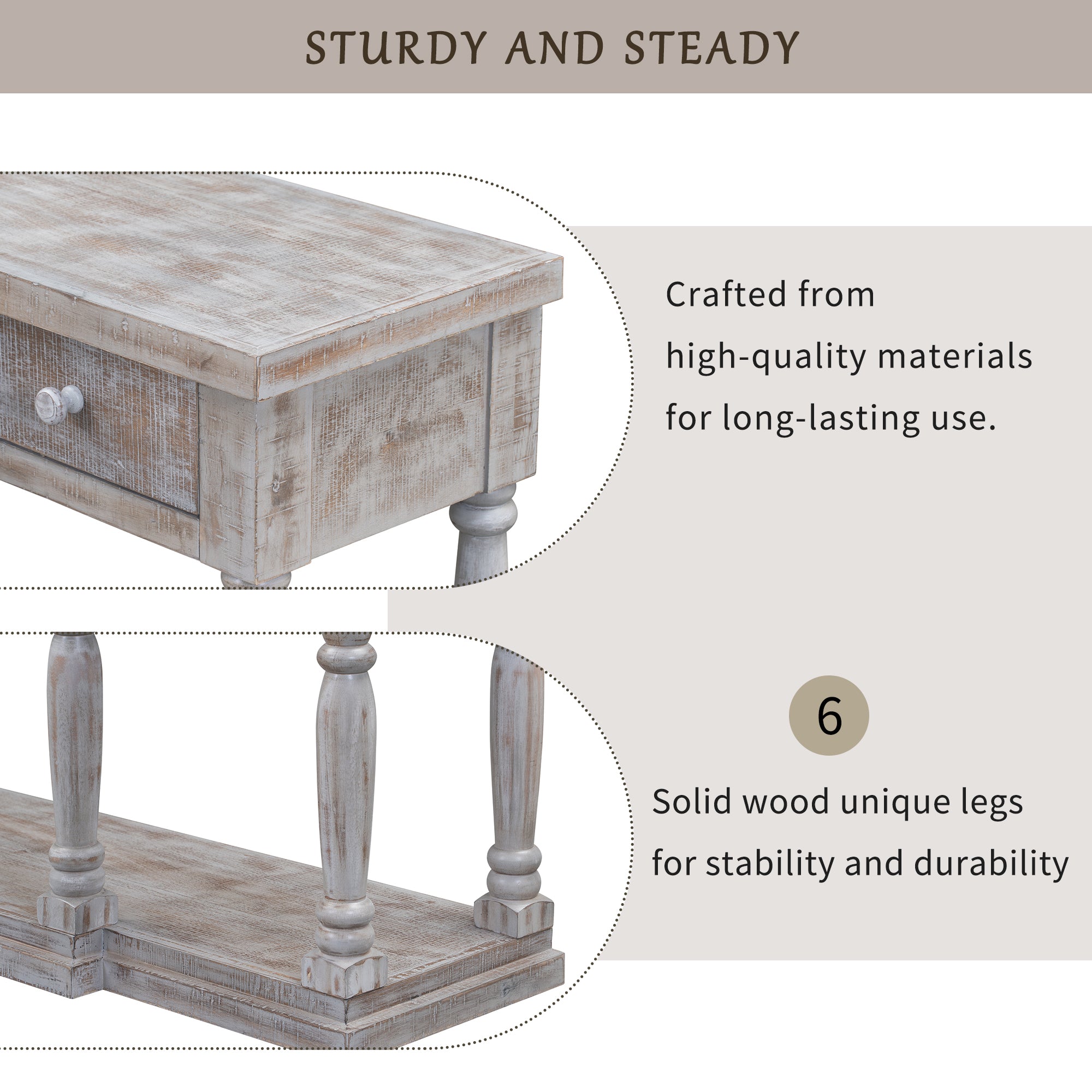 Farmhouse Console Table for Hallway with 4 Front Facing Storage Drawers and 1 Shelf