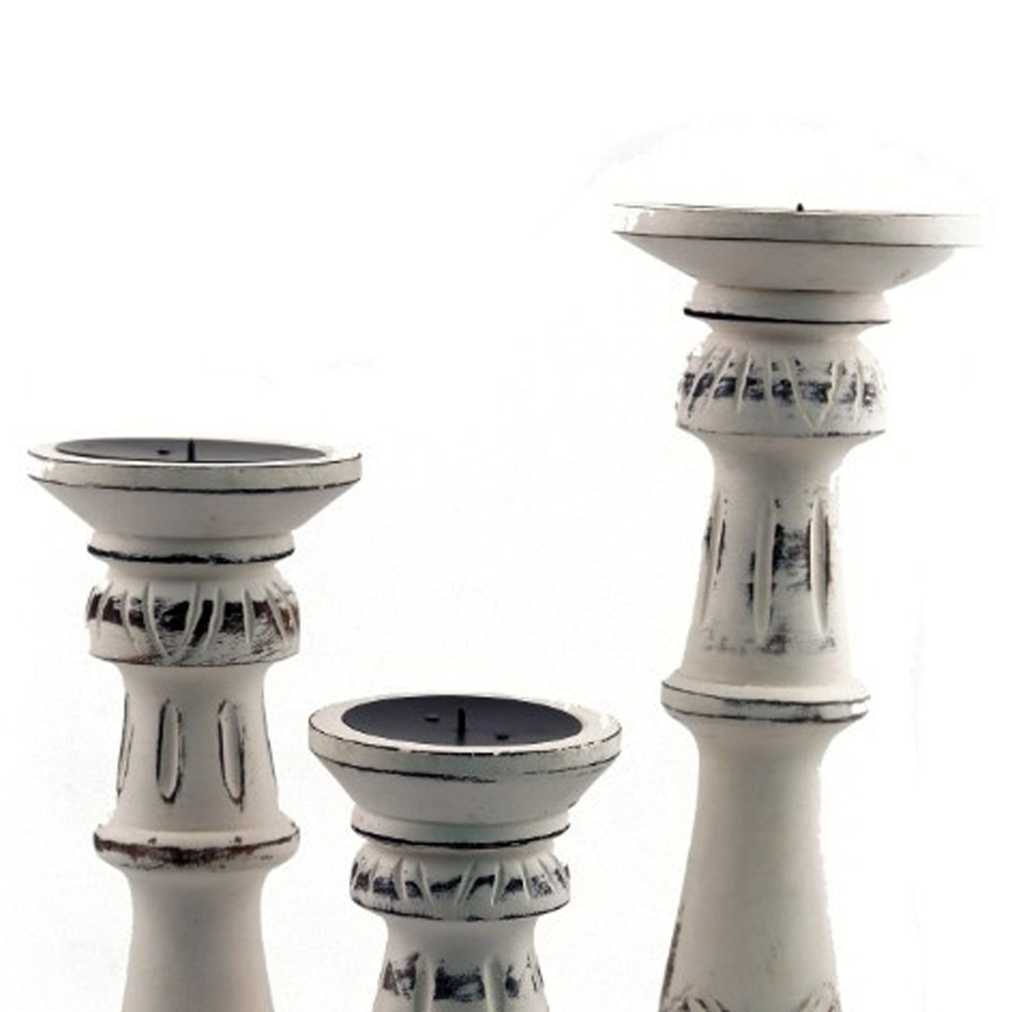 Distressed Mango Wood Pillar Shaped Candle holder (Set of 3) - White