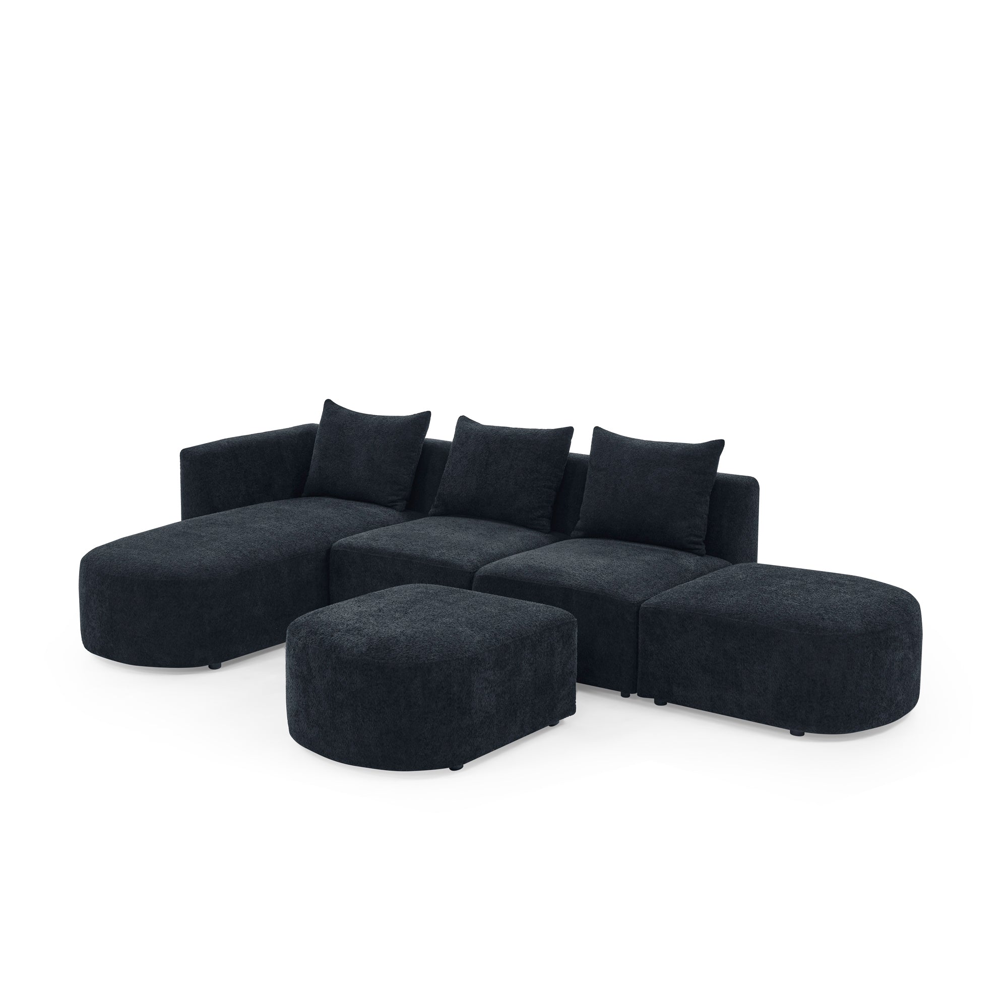 L Shape Sectional Sofa including Two Single Seats, Left Side Chaise and Two Ottomans - Black