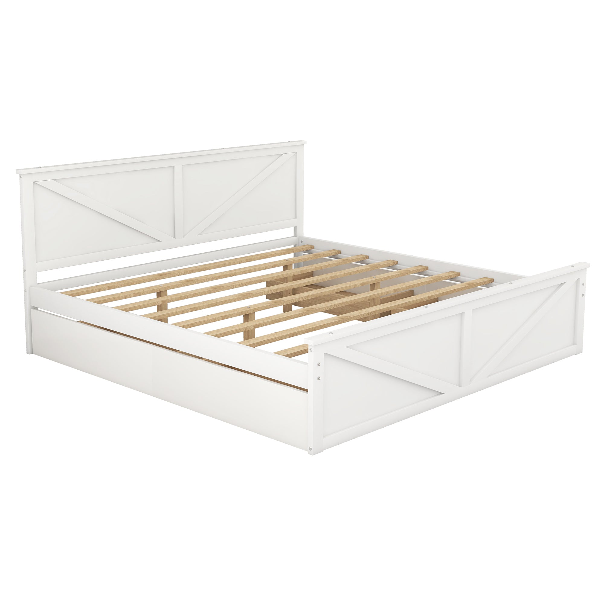King Size Wooden Platform Bed with Four Storage Drawers and Support Legs - White